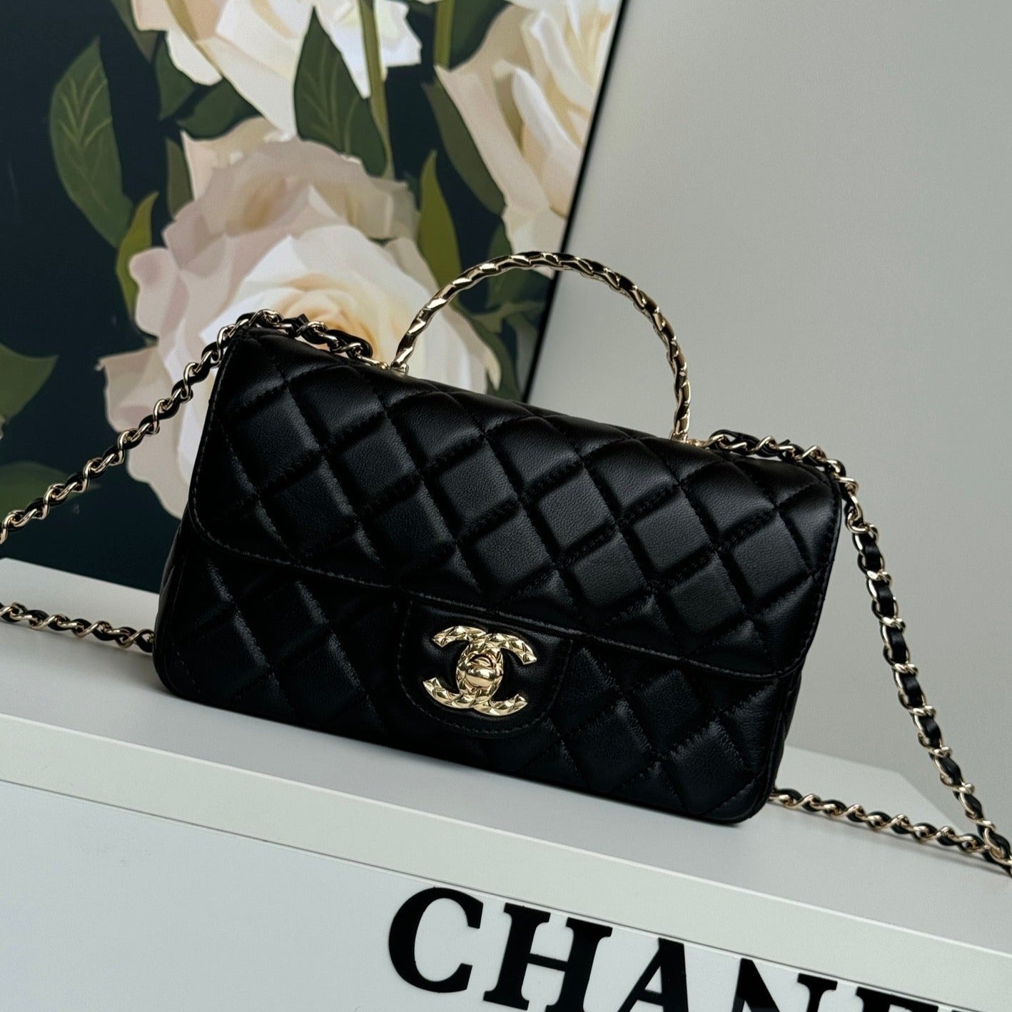 24C MINI FLAP BAG 20CM WITH TOP HANDLE BLACK LAMBSKIN
