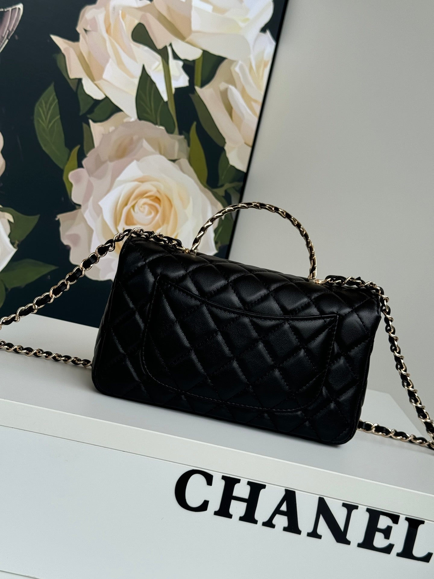 24C MINI FLAP BAG 20CM WITH TOP HANDLE BLACK LAMBSKIN