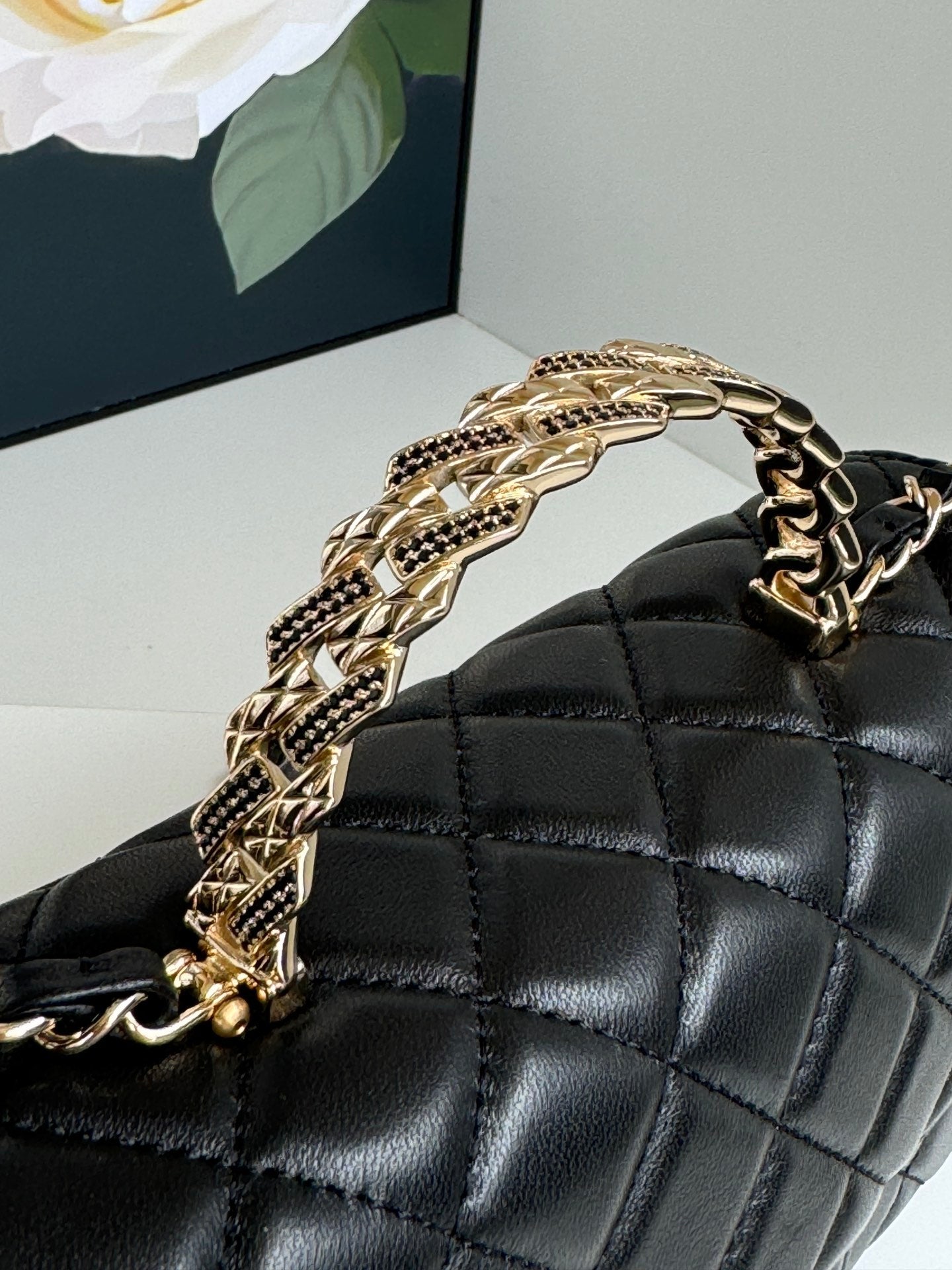 24C MINI FLAP BAG 20CM WITH TOP HANDLE BLACK LAMBSKIN