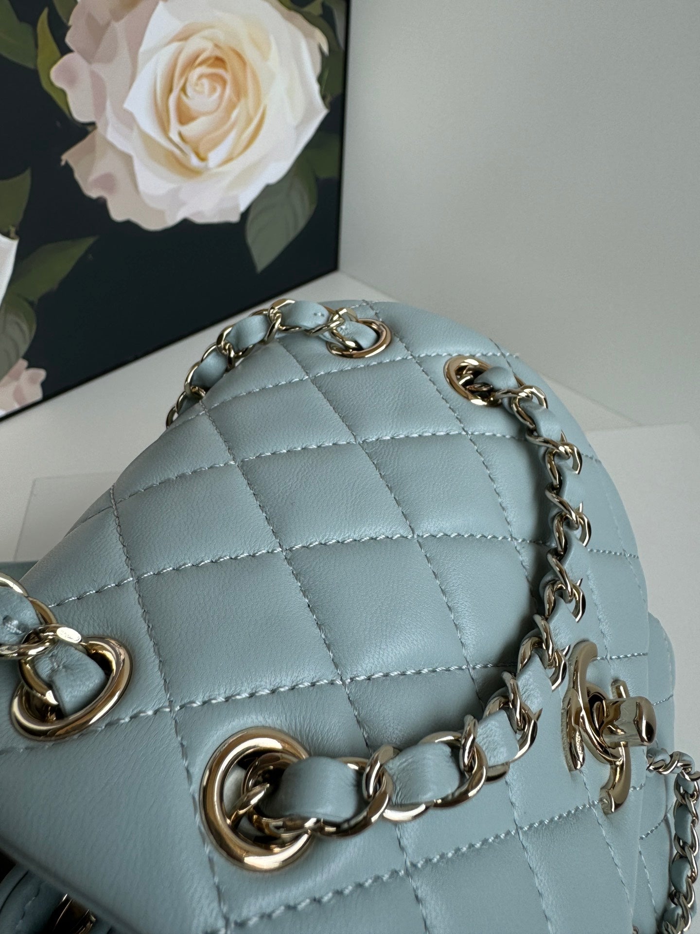 SAC À DOS DUMA 18CM CUIR D'AGNEAU BLEU TURQUOISE QUINCAILLERIE OR CLAIR