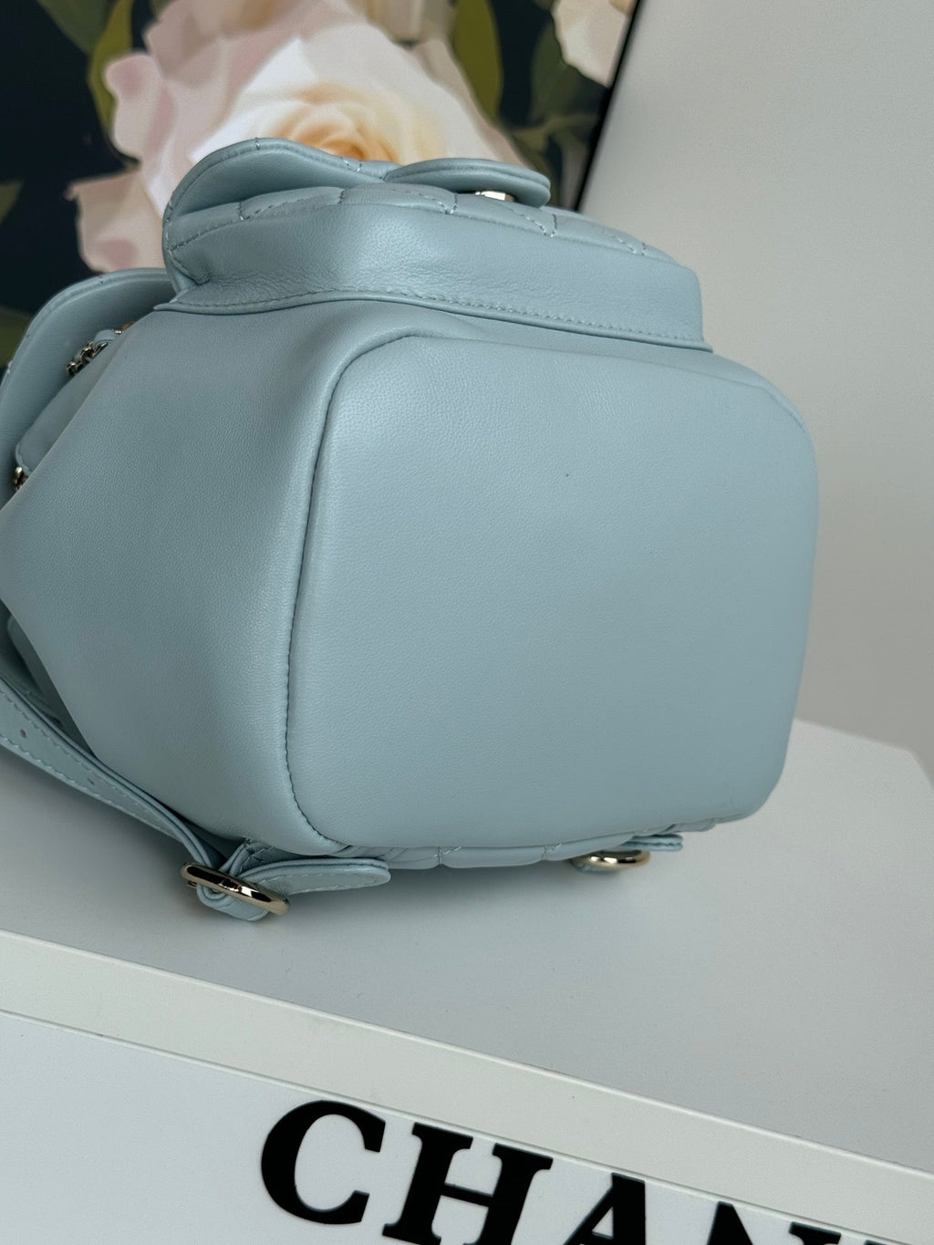 DUMA BACKPACK 18CM TURQUOISE BLUE LAMBSKIN LIGHT GOLD HARDWARE