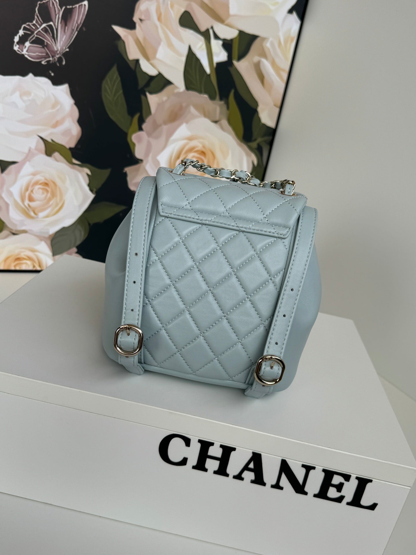 DUMA BACKPACK 18CM TURQUOISE BLUE LAMBSKIN LIGHT GOLD HARDWARE