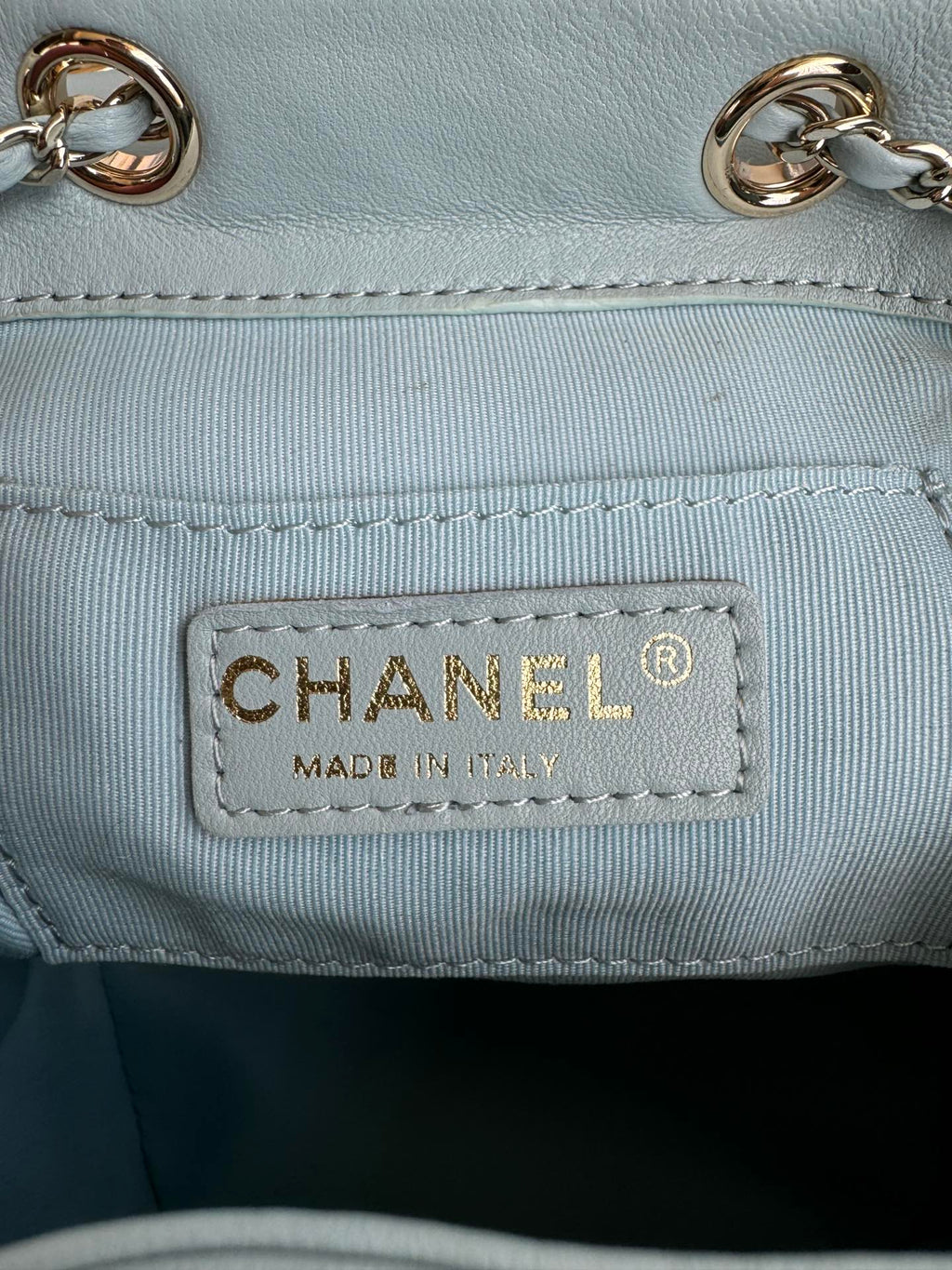 DUMA BACKPACK 18CM TURQUOISE BLUE LAMBSKIN LIGHT GOLD HARDWARE
