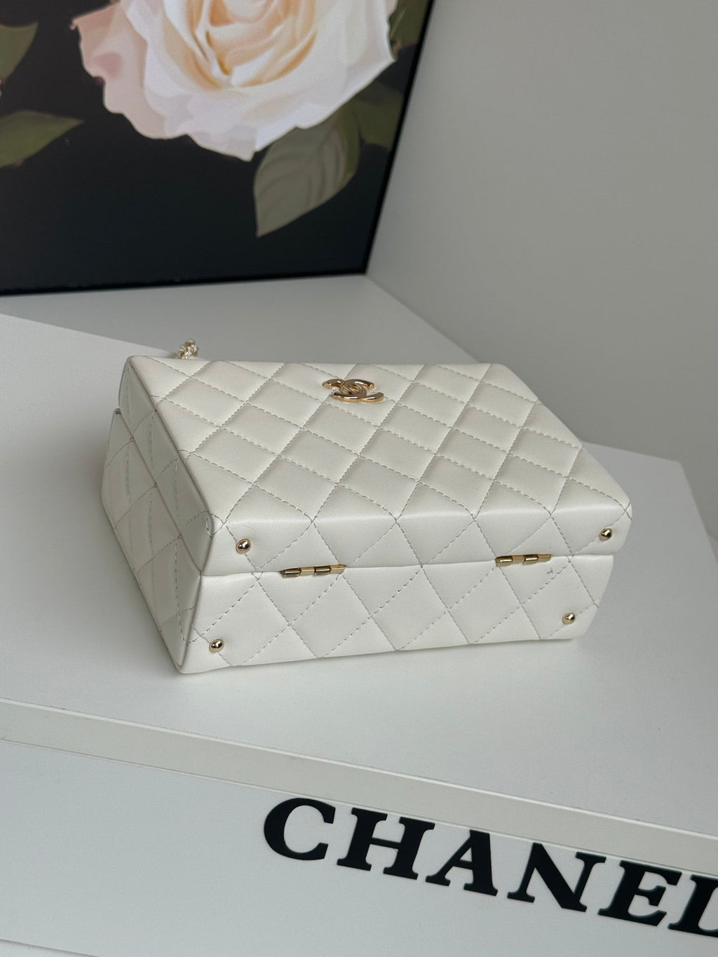 PETIT SAC BOÎTE 18 PO EN CUIR D'AGNEAU BLANC QUINCAILLERIE DORÉ