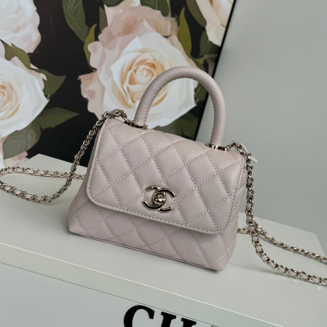 CC 24K COCO HANDLE NANO 14,5 CM ROSE CLAIR GRAINÉ VEAU QUINCAILLERIE DORÉ 
