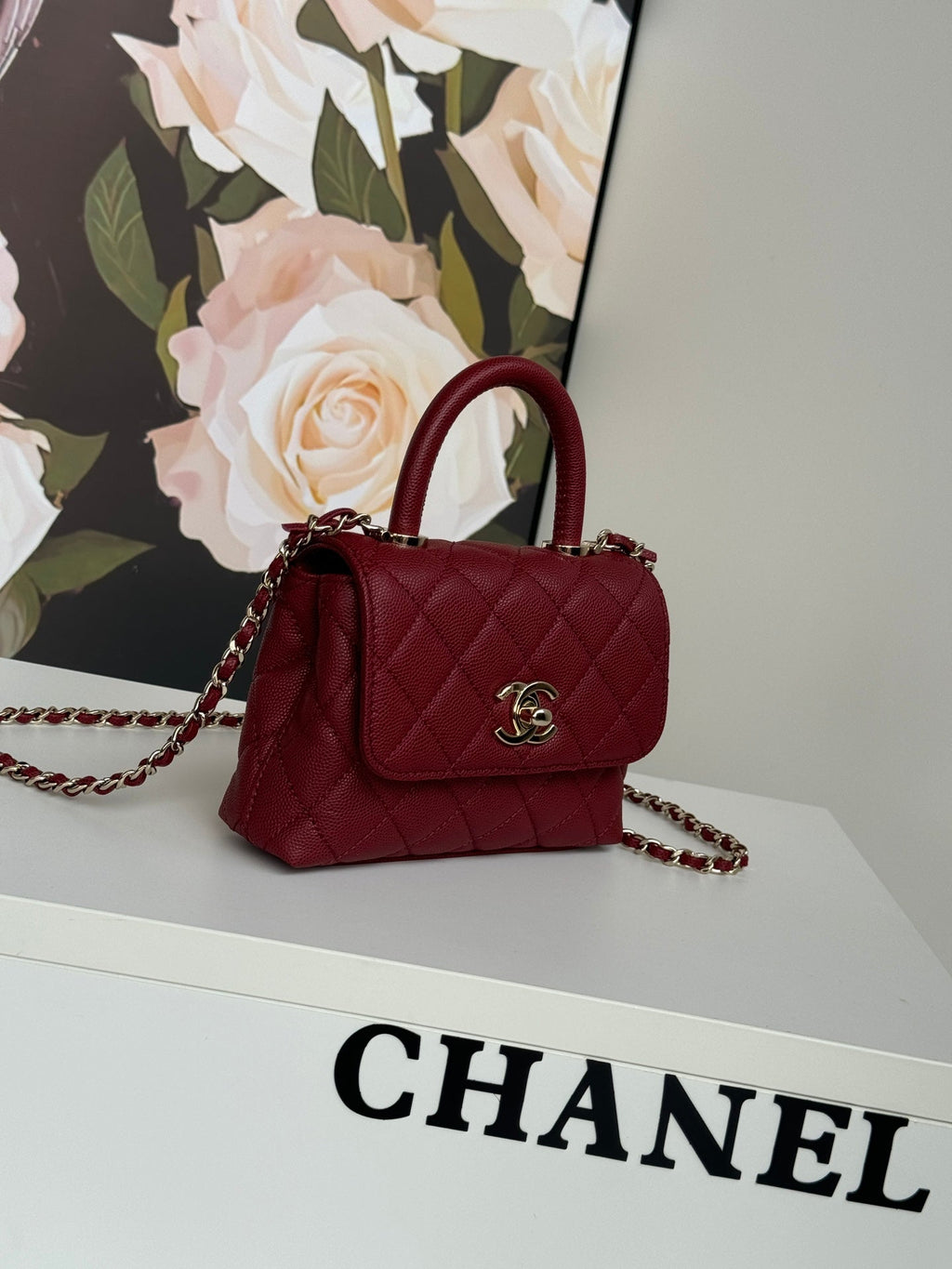 CC 24K COCO HANDLE NANO 14,5 CM CUIR DE VEAU GRAINÉ BORDEAUX QUINCAILLERIE DORÉ 