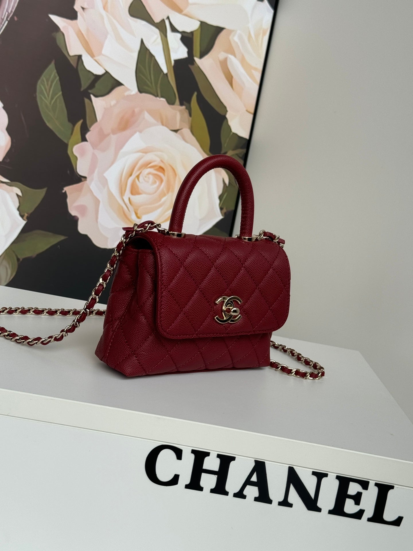 CC 24K COCO HANDLE NANO 14,5 CM CUIR DE VEAU GRAINÉ BORDEAUX QUINCAILLERIE DORÉ 