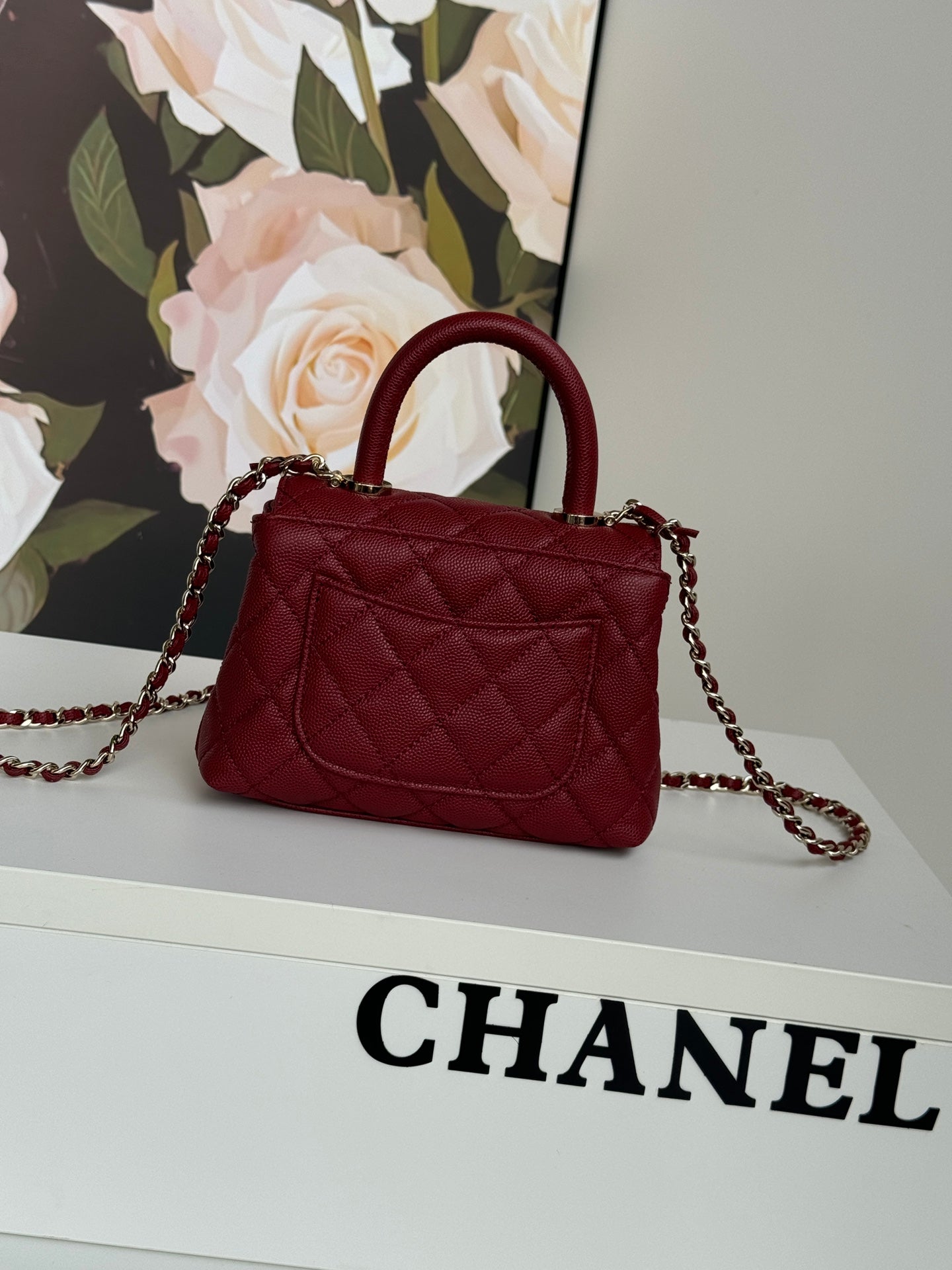 CC 24K COCO HANDLE NANO 14,5 CM CUIR DE VEAU GRAINÉ BORDEAUX QUINCAILLERIE DORÉ 