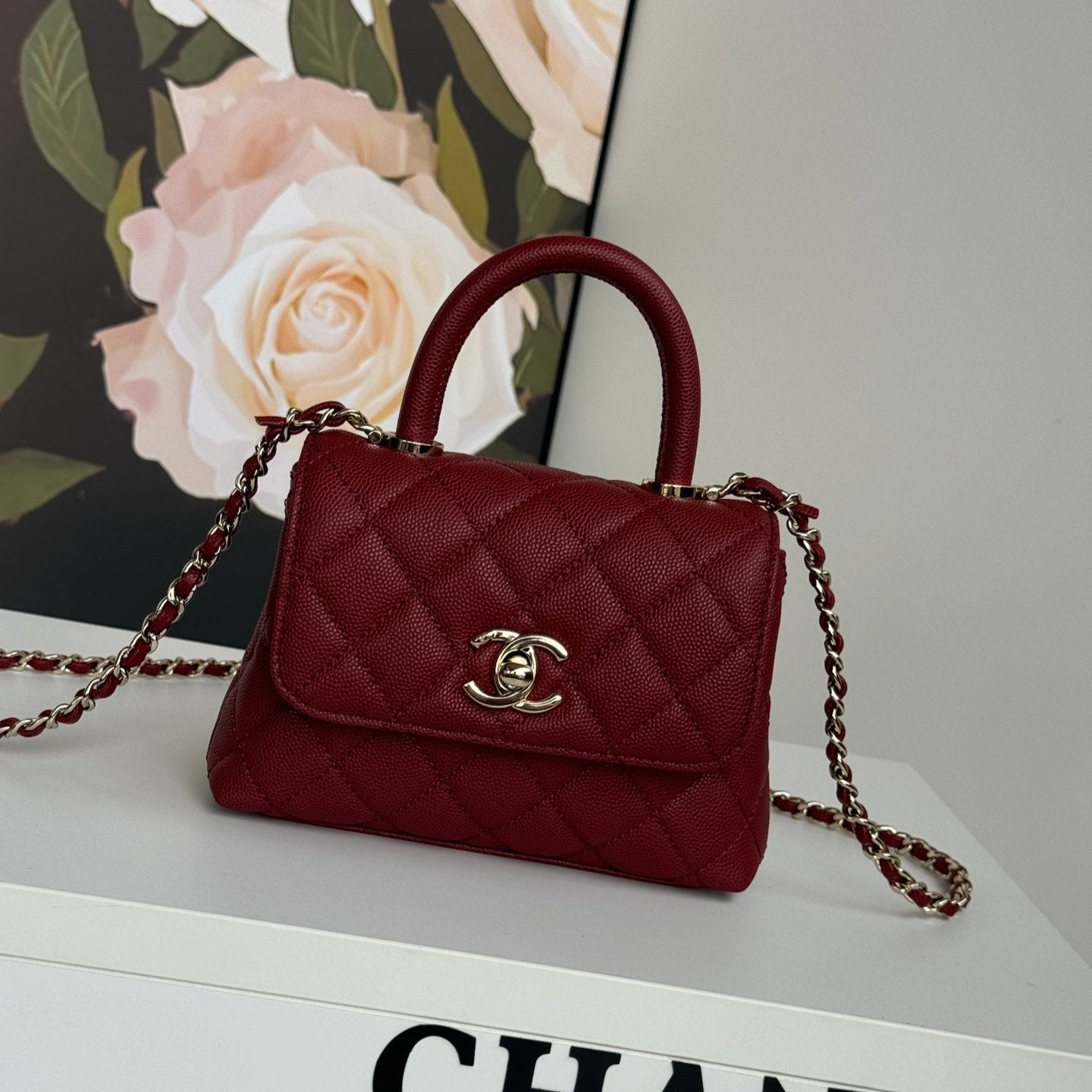 CC 24K COCO HANDLE NANO 14,5 CM CUIR DE VEAU GRAINÉ BORDEAUX QUINCAILLERIE DORÉ 