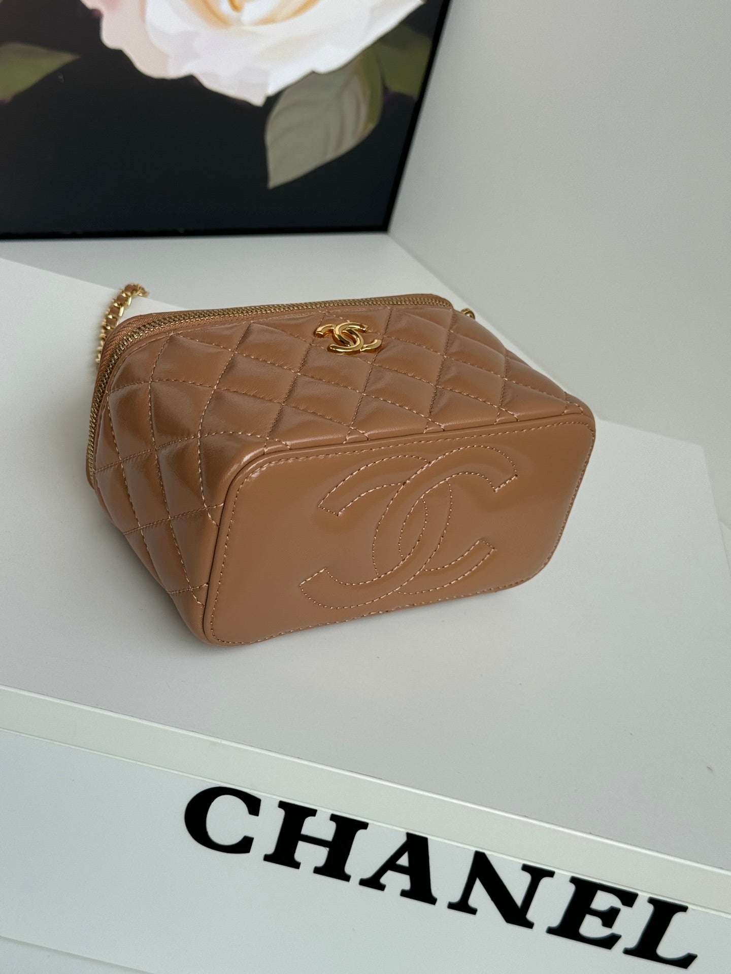 PETITE TROUSSE DE VANITY 17 AVEC POIGNÉE EN CUIR DE VEAU MARRON ROUGE CHAÎNE EN MÉTAL DORÉ