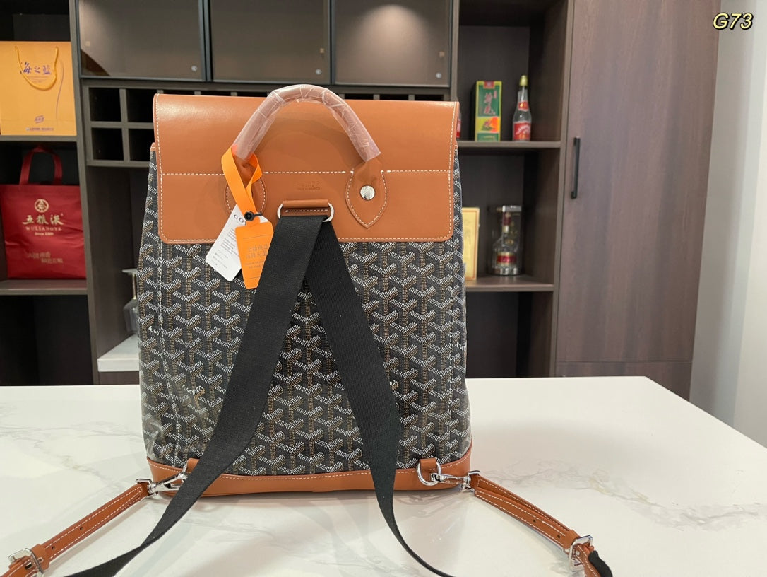 SAC À DOS ALPIN 37 EN CUIR D'AGNEAU MARRON ET TOILE GOYARDINE
