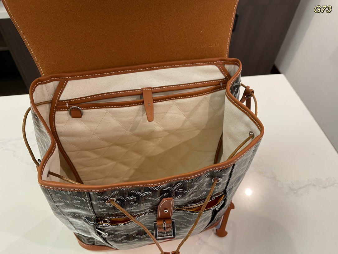 SAC À DOS ALPIN 37 EN CUIR D'AGNEAU MARRON ET TOILE GOYARDINE
