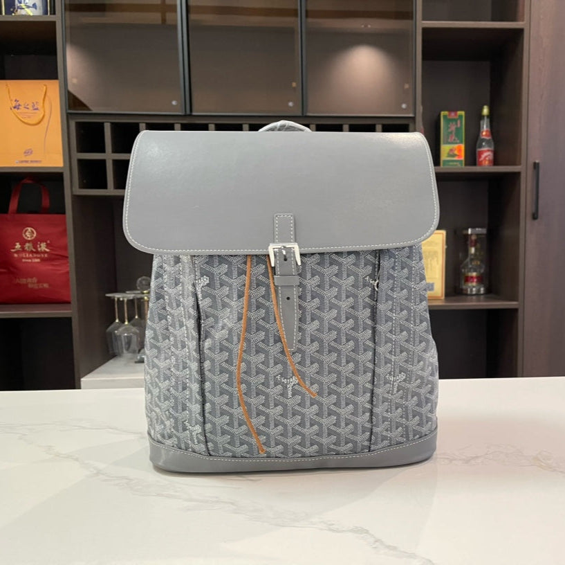 SAC À DOS ALPIN 37 EN CUIR D'AGNEAU GRIS ET TOILE GOYARDINE