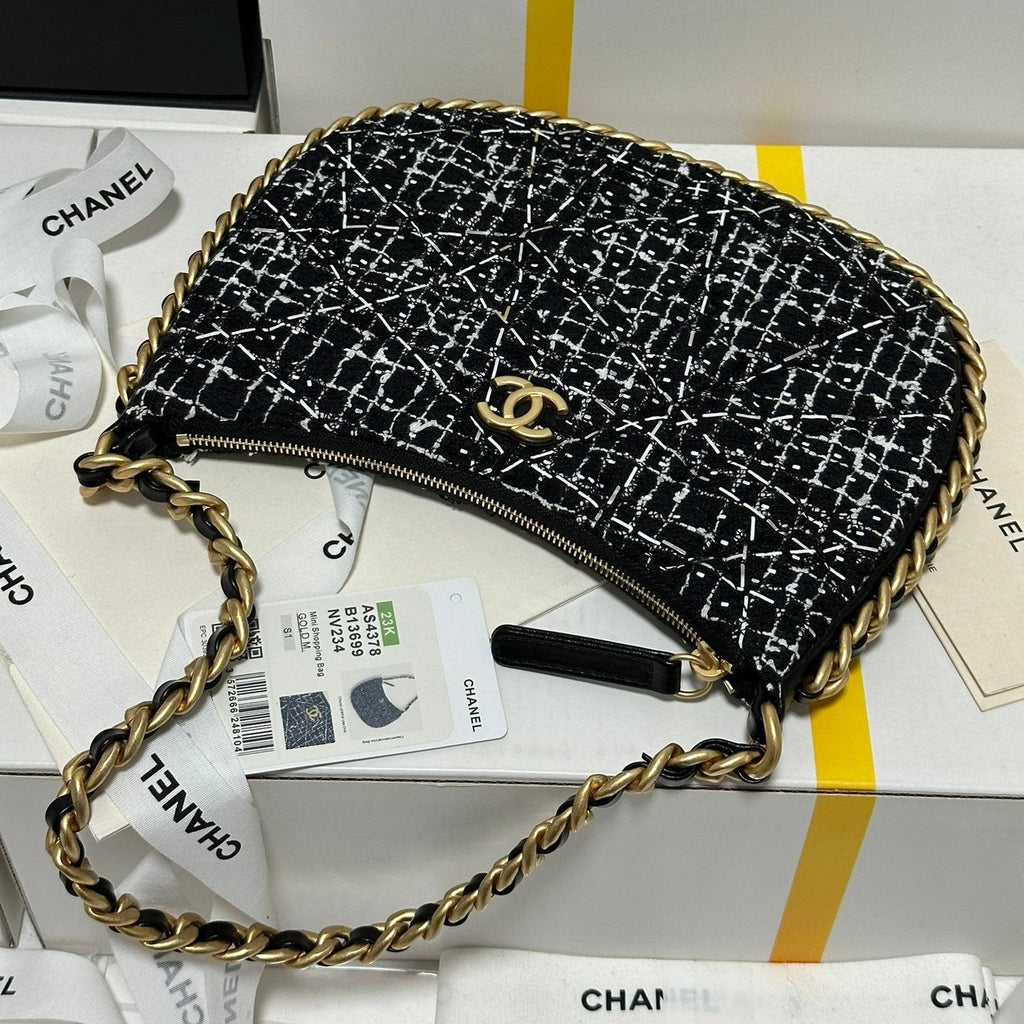 SAC HOBO 23 EN TWEED BLANC ET NOIR, QUINCAILLERIE OR 