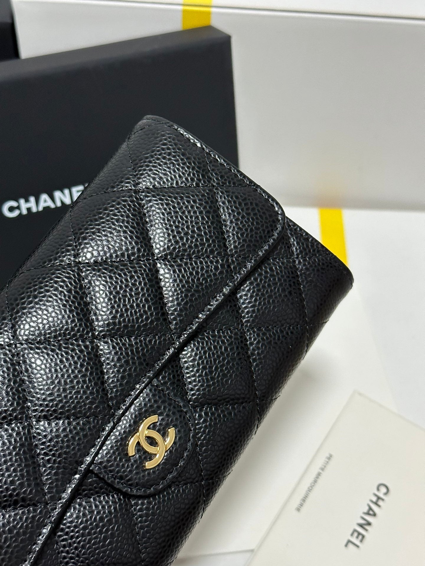 CC CLASSIC LONG FLAP WALLET BLACK QUILTED CAVIAR GOLD BUCKLE 243676