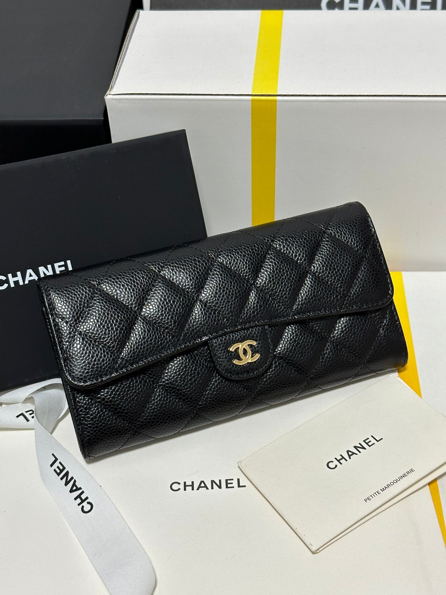 CC CLASSIC LONG FLAP WALLET BLACK QUILTED CAVIAR GOLD BUCKLE 243676
