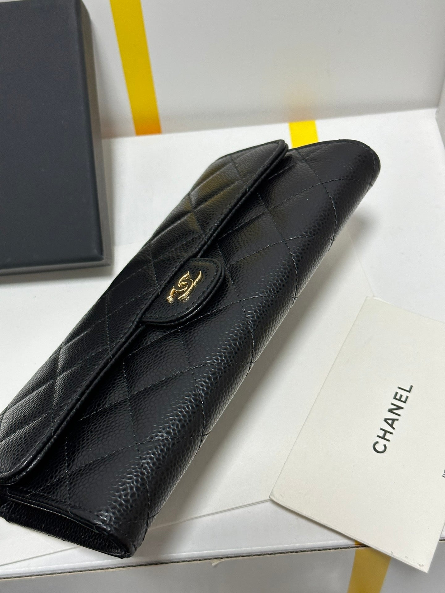CC CLASSIC LONG FLAP WALLET BLACK QUILTED CAVIAR GOLD BUCKLE 243676
