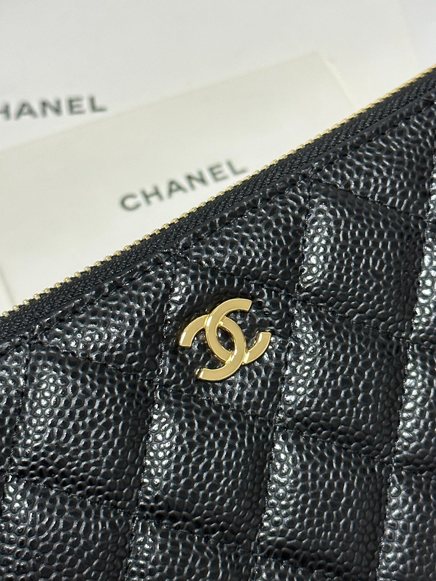 CC LONG ZIPPED WALLET BLACK QUILTED CAVIAR GOLD BUCKLE 243681