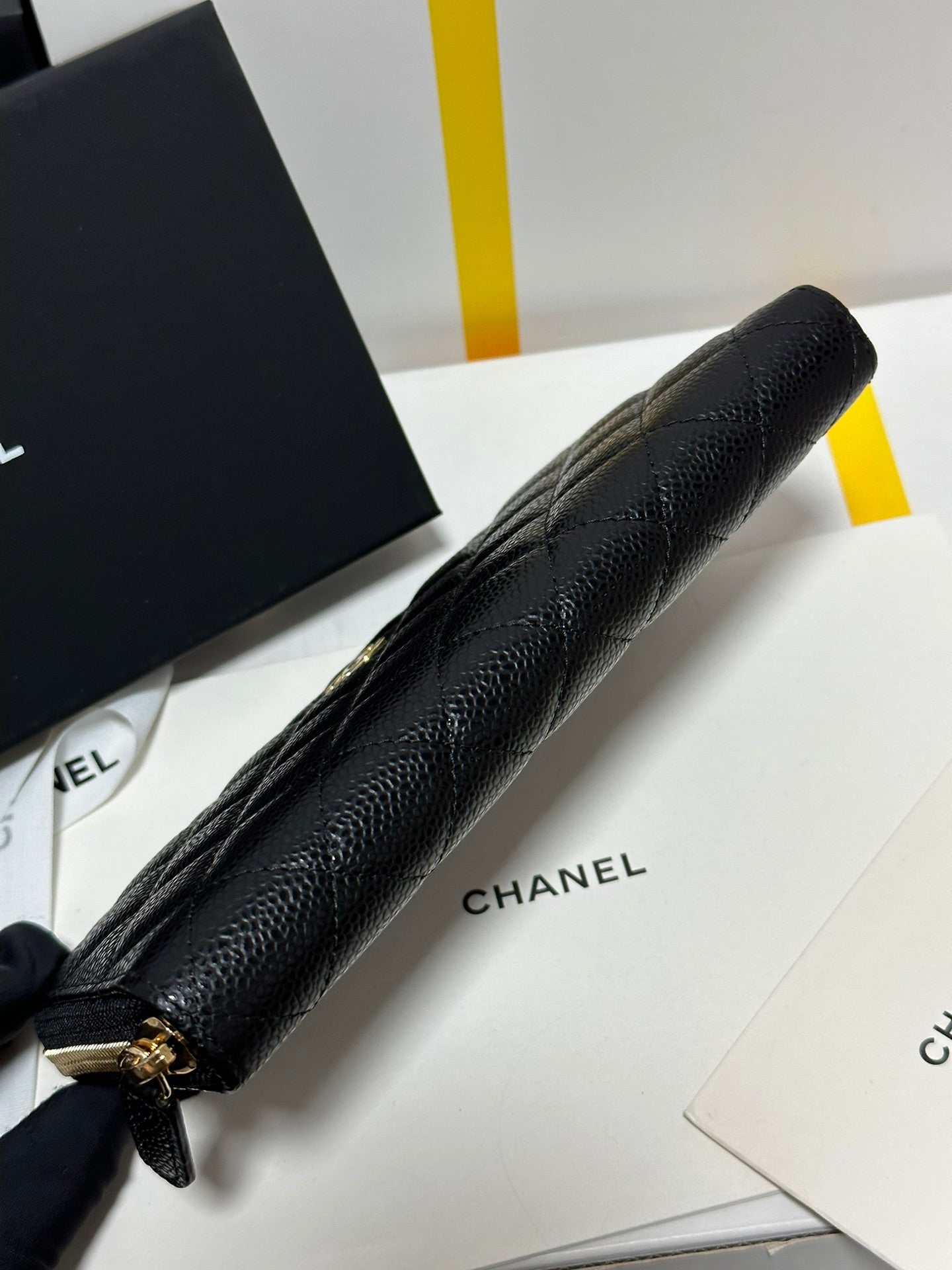 CC LONG ZIPPED WALLET BLACK QUILTED CAVIAR GOLD BUCKLE 243681