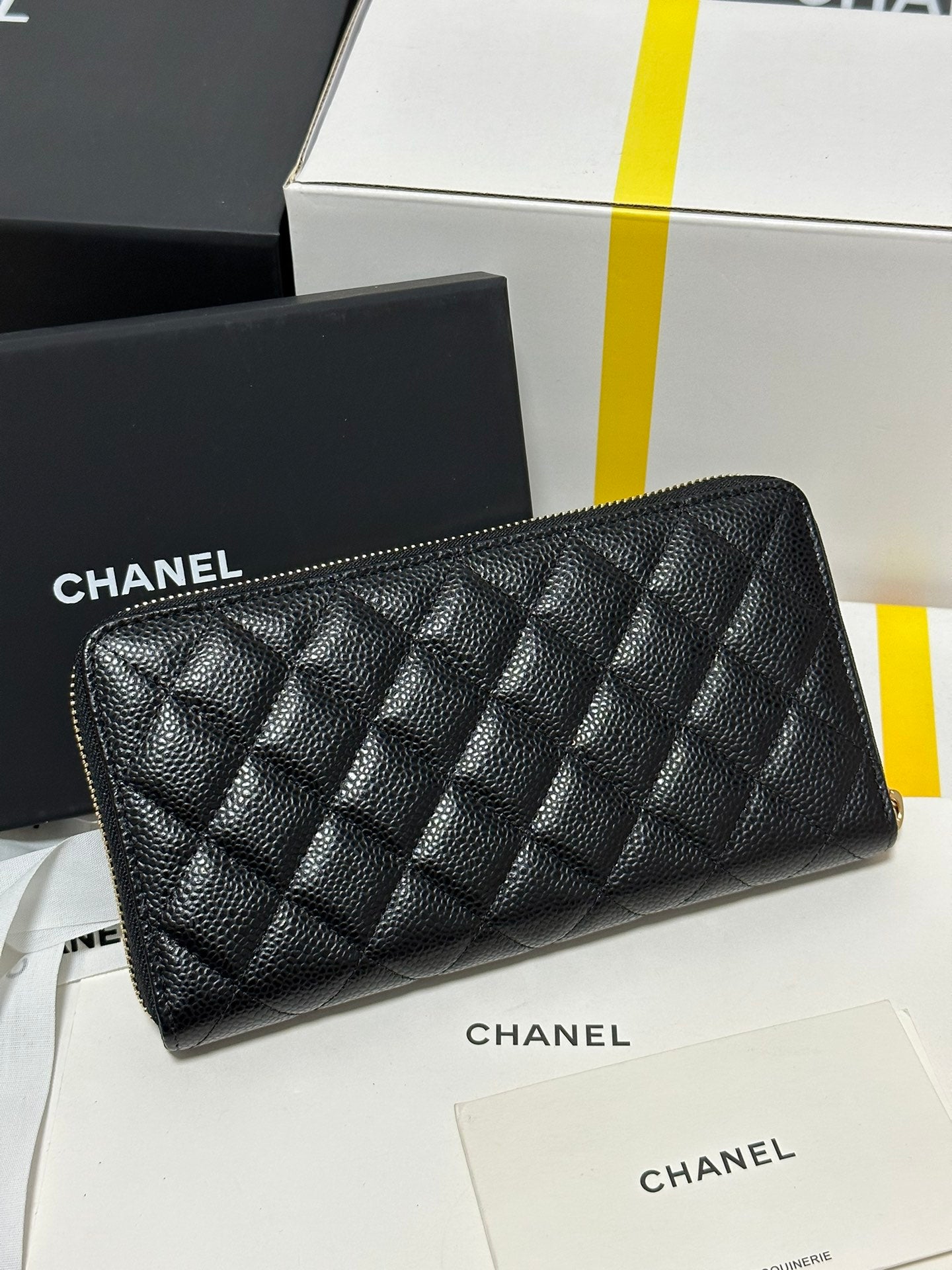 CC LONG ZIPPED WALLET BLACK QUILTED CAVIAR GOLD BUCKLE 243681