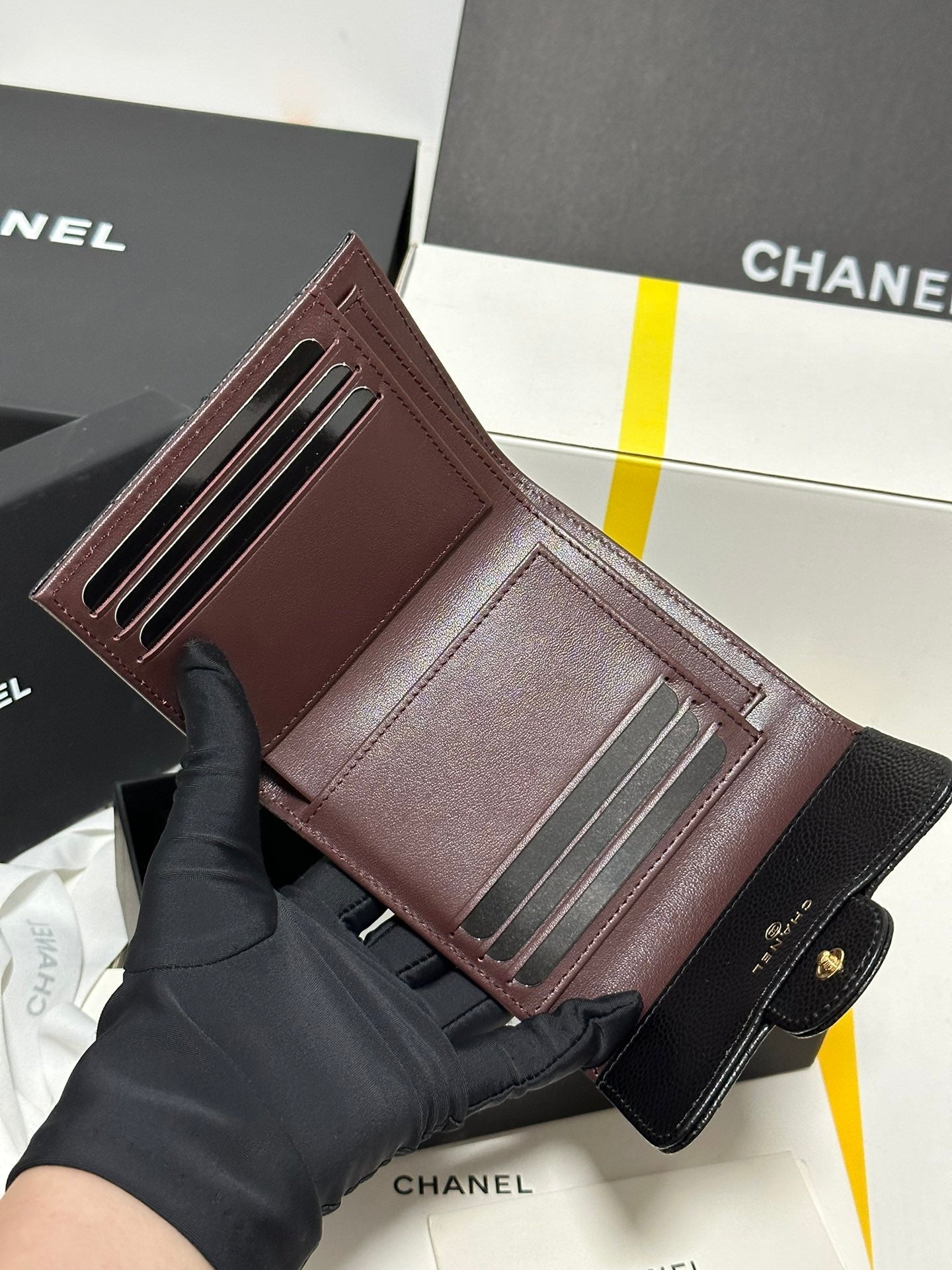CC CCLASSIC SMALL FLAP WALLET BLACK QUILTED CAVIAR GOLD BUCKLE 243686