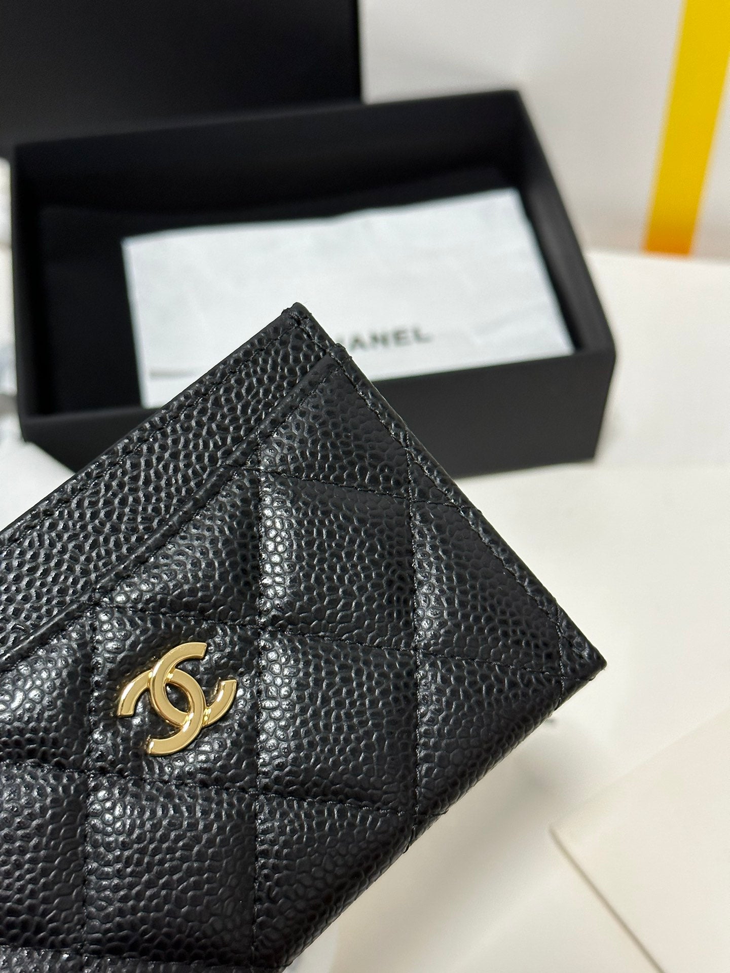 CC CLASSIC CARD HOLDER BLACK QUILTED CAVIAR GOLD BUCKLE 243696