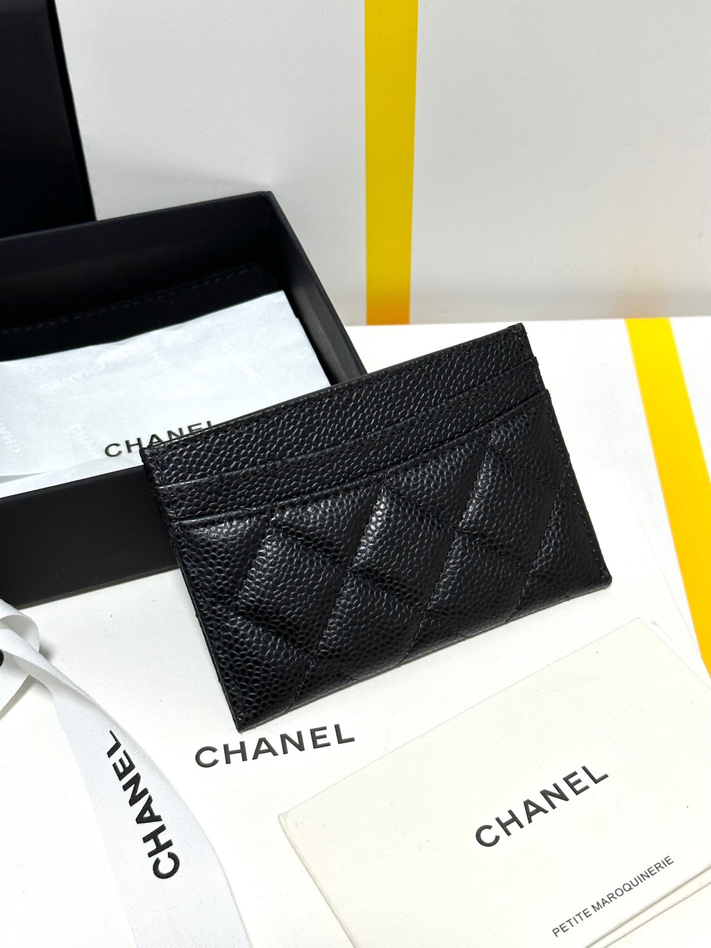 CC CLASSIC CARD HOLDER BLACK QUILTED CAVIAR GOLD BUCKLE 243696