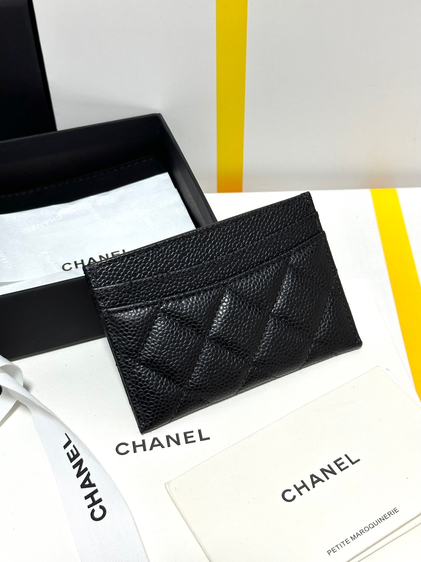 CC CLASSIC CARD HOLDER BLACK QUILTED CAVIAR GOLD BUCKLE 243696