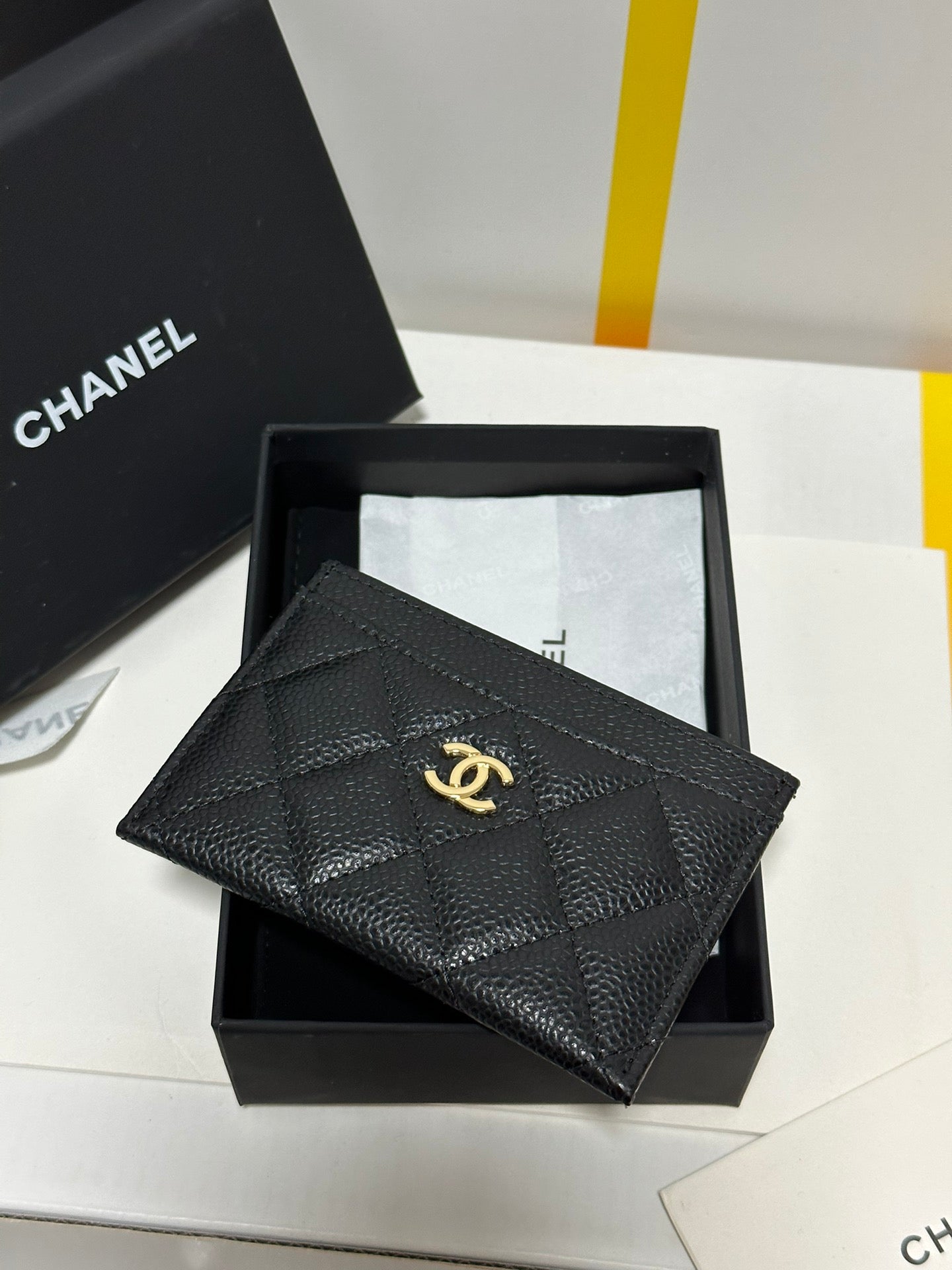 CC CLASSIC CARD HOLDER BLACK QUILTED CAVIAR GOLD BUCKLE 243696