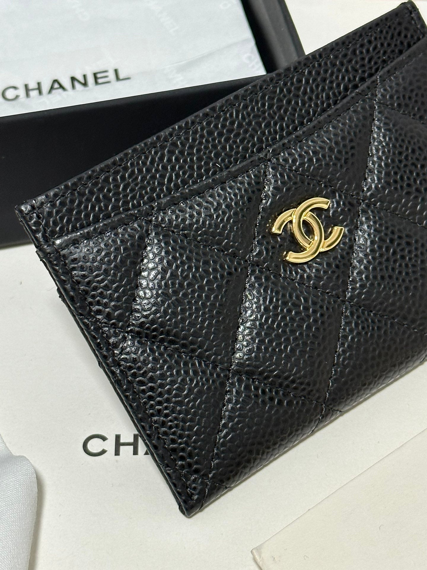 CC CLASSIC CARD HOLDER BLACK QUILTED CAVIAR GOLD BUCKLE 243696