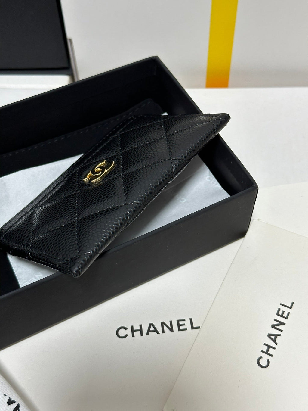 CC CLASSIC CARD HOLDER BLACK QUILTED CAVIAR GOLD BUCKLE 243696