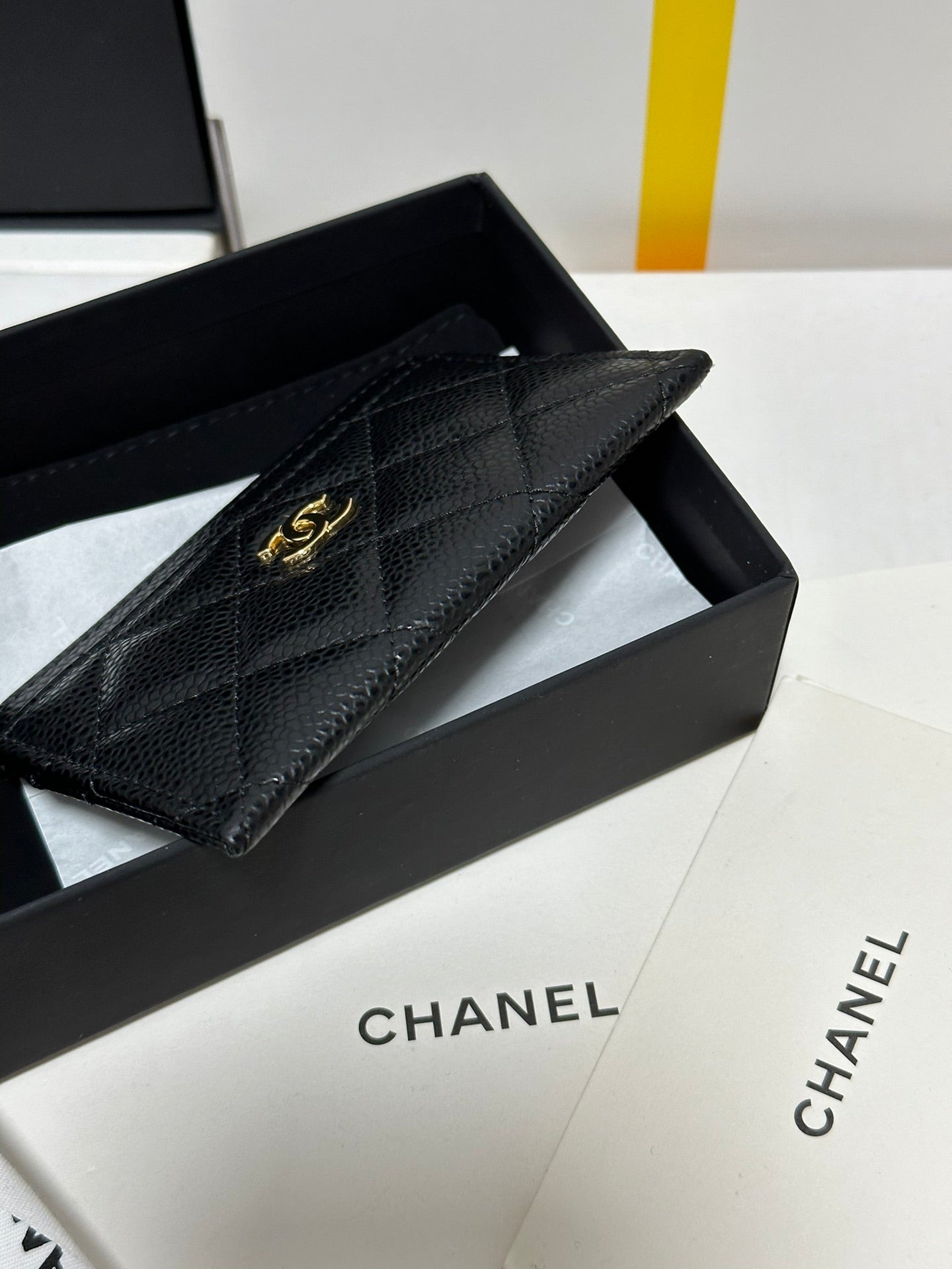 CC CLASSIC CARD HOLDER BLACK QUILTED CAVIAR GOLD BUCKLE 243696