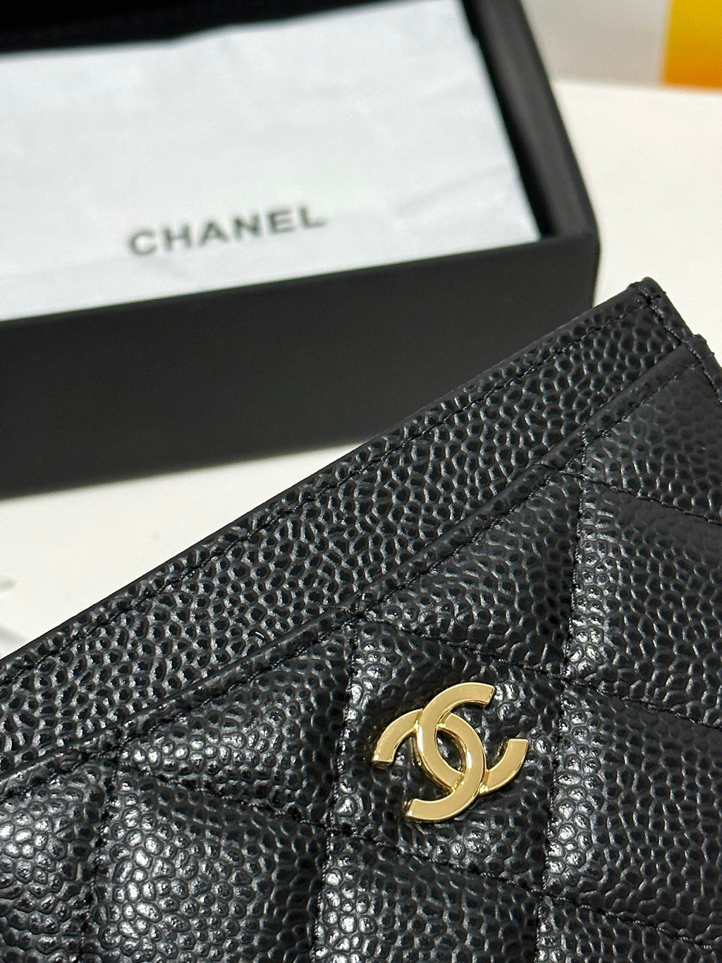 CC CLASSIC CARD HOLDER BLACK QUILTED CAVIAR GOLD BUCKLE 243696