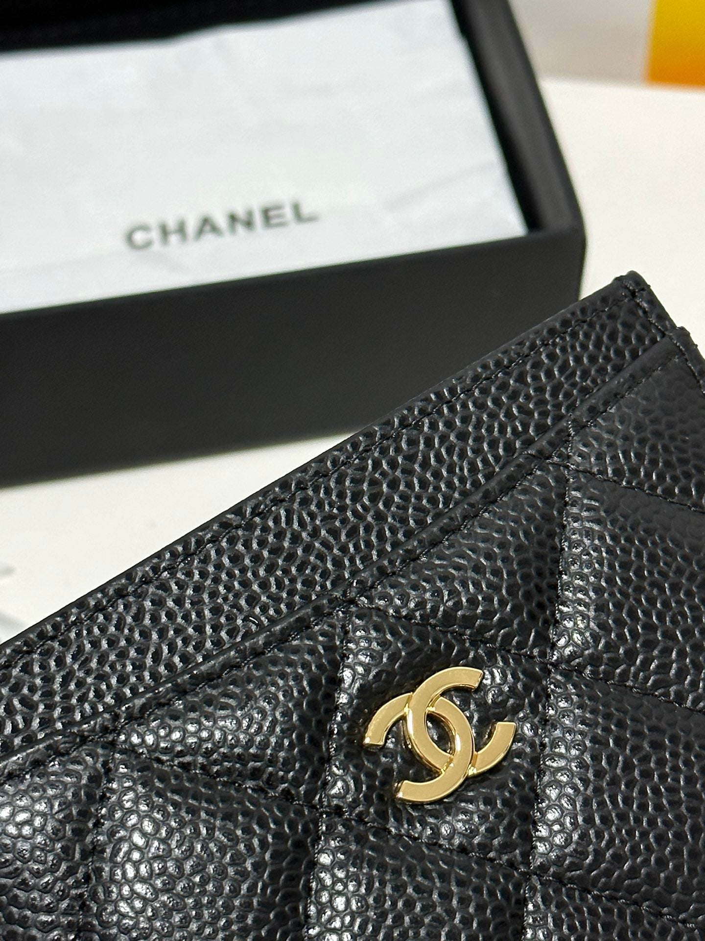 CC CLASSIC CARD HOLDER BLACK QUILTED CAVIAR GOLD BUCKLE 243696