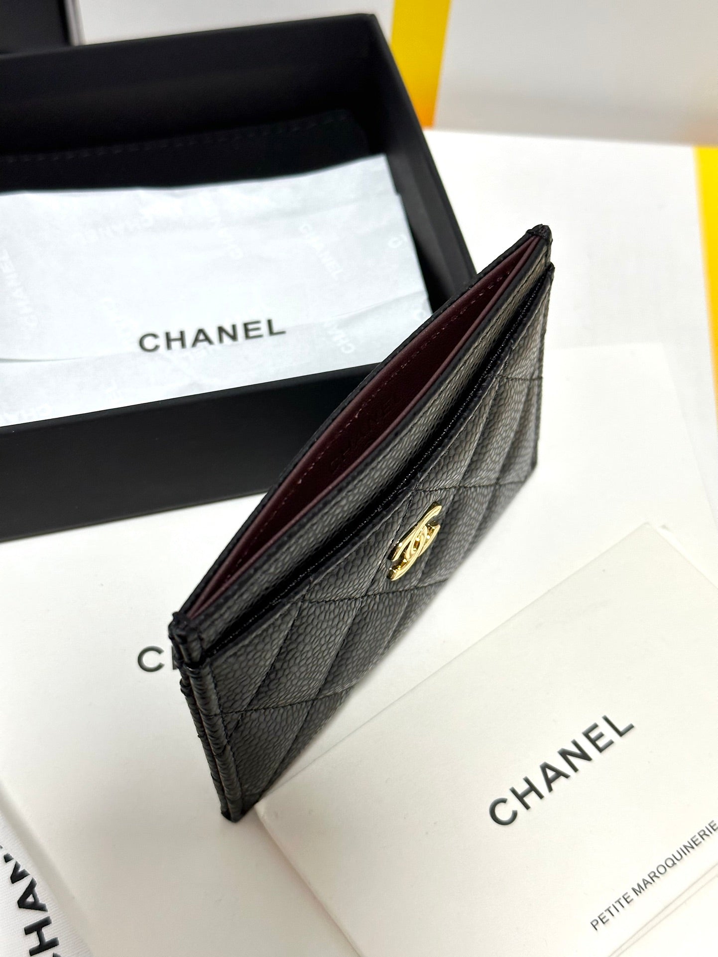 CC CLASSIC CARD HOLDER BLACK QUILTED CAVIAR GOLD BUCKLE 243696