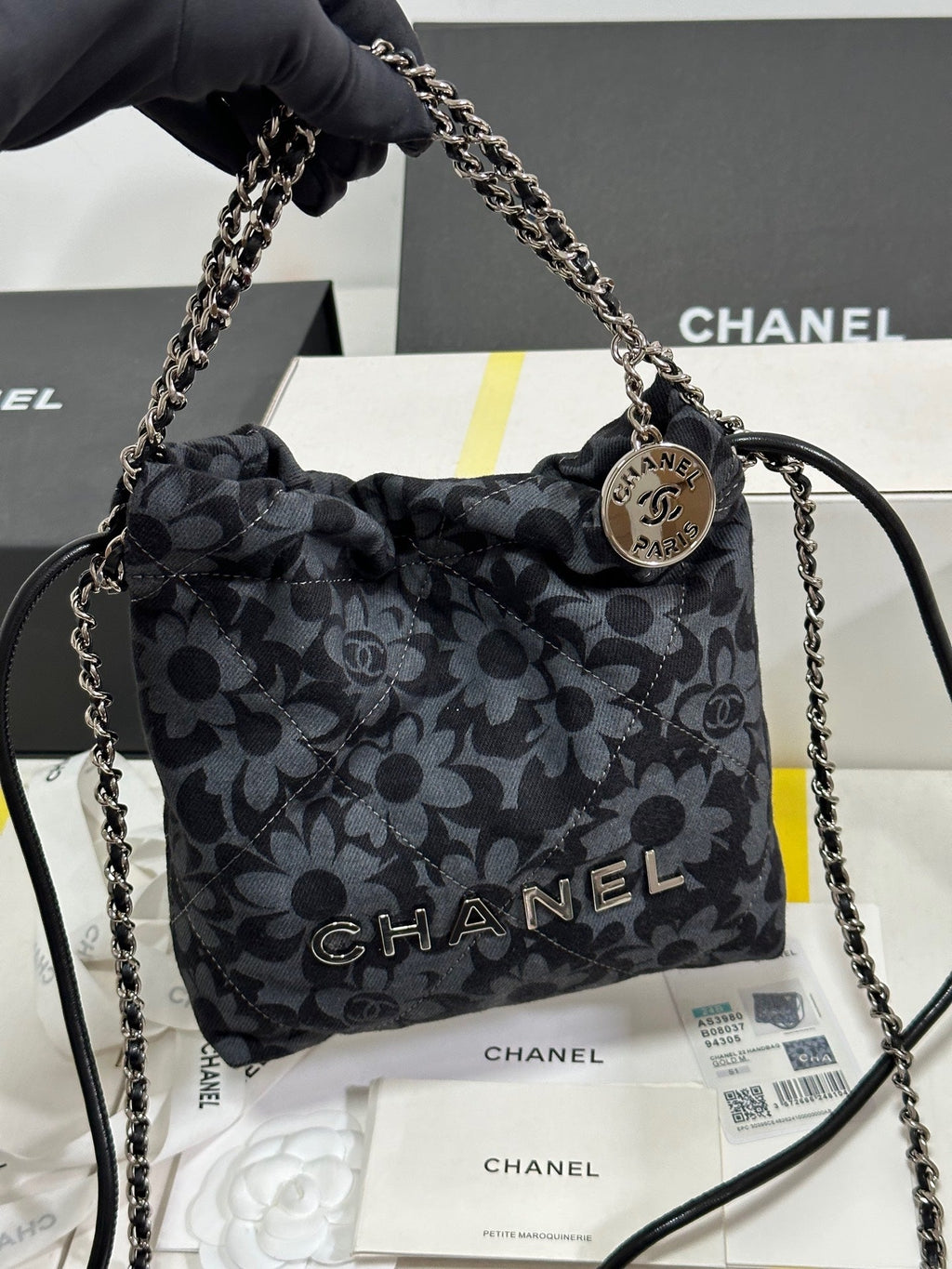 CC 22 BAG MINI GRAY BLACK CAMELLIA PATTERN DEMIN SILVER HARDWARE 243630