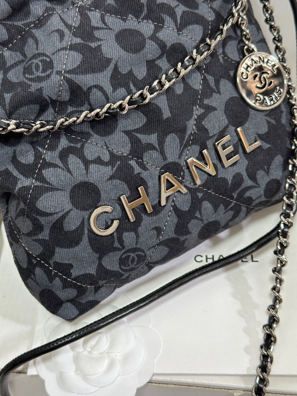 CC 22 BAG MINI GRAY BLACK CAMELLIA PATTERN DEMIN SILVER HARDWARE 243630