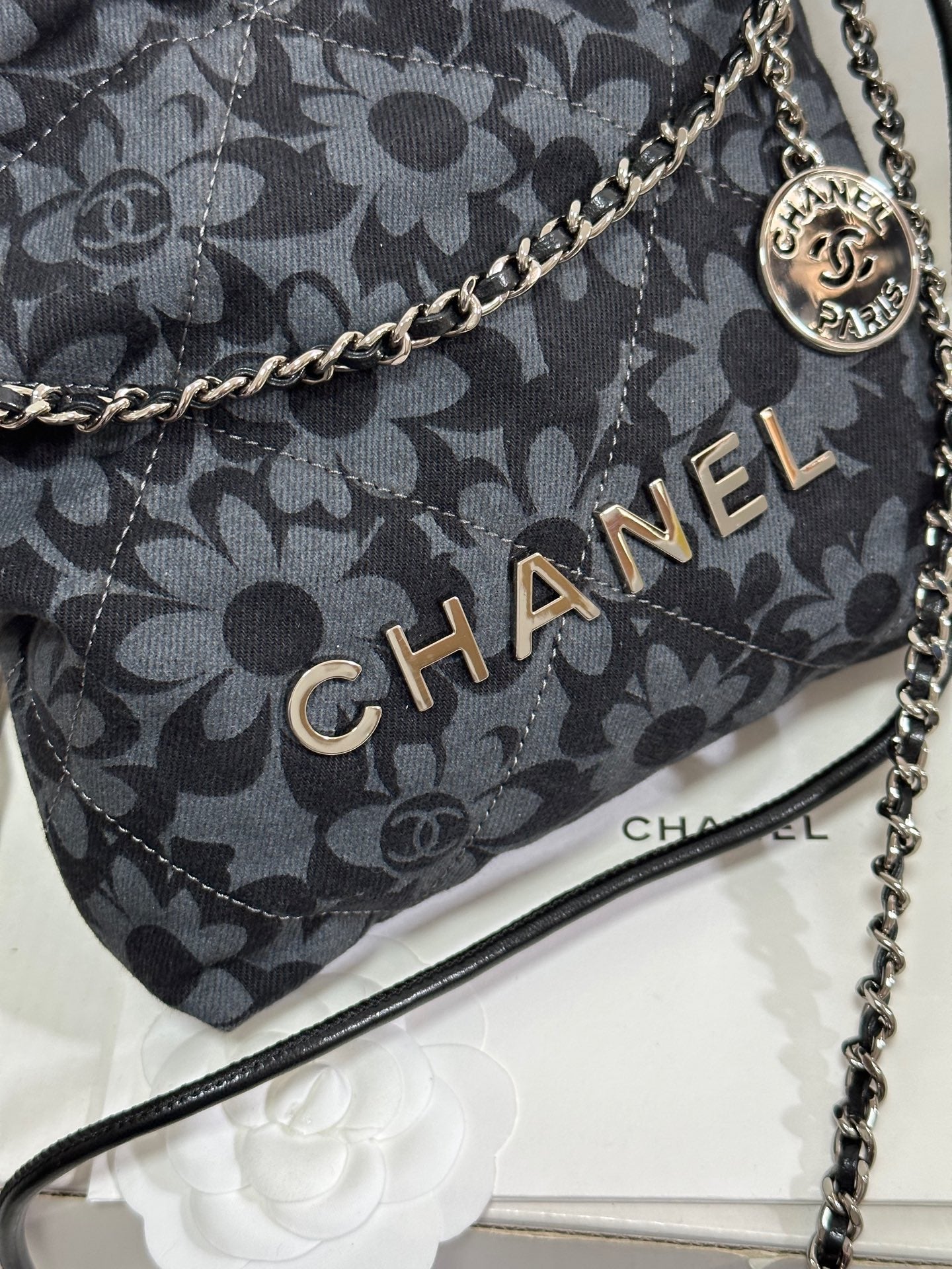 CC 22 BAG MINI GRAY BLACK CAMELLIA PATTERN DEMIN SILVER HARDWARE 243630