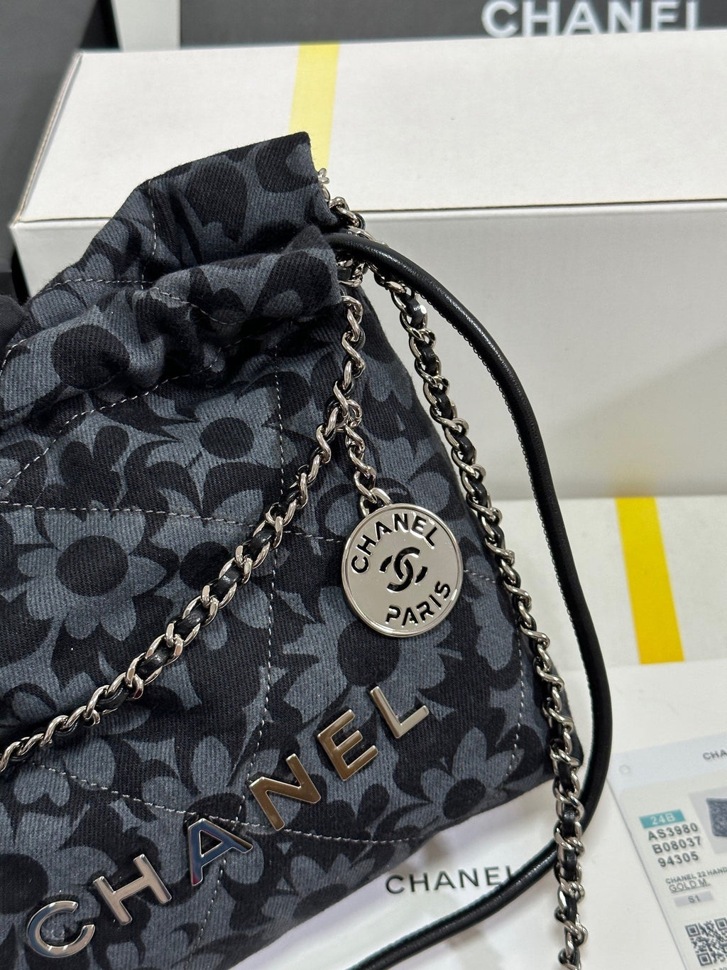 CC 22 BAG MINI GRAY BLACK CAMELLIA PATTERN DEMIN SILVER HARDWARE 243630