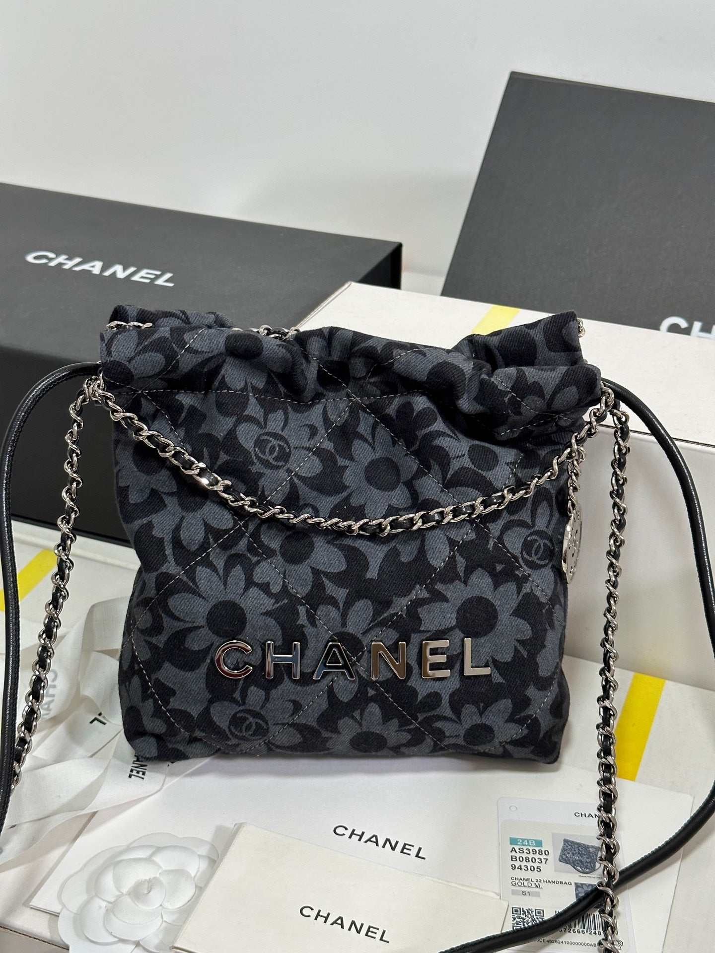 CC 22 BAG MINI GRAY BLACK CAMELLIA PATTERN DEMIN SILVER HARDWARE 243630