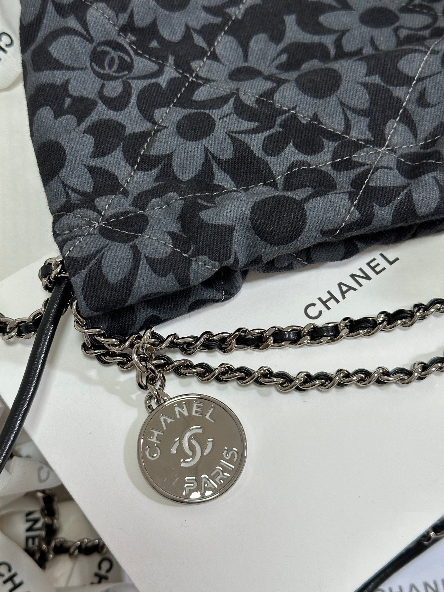 CC 22 BAG MINI GRAY BLACK CAMELLIA PATTERN DEMIN SILVER HARDWARE 243630