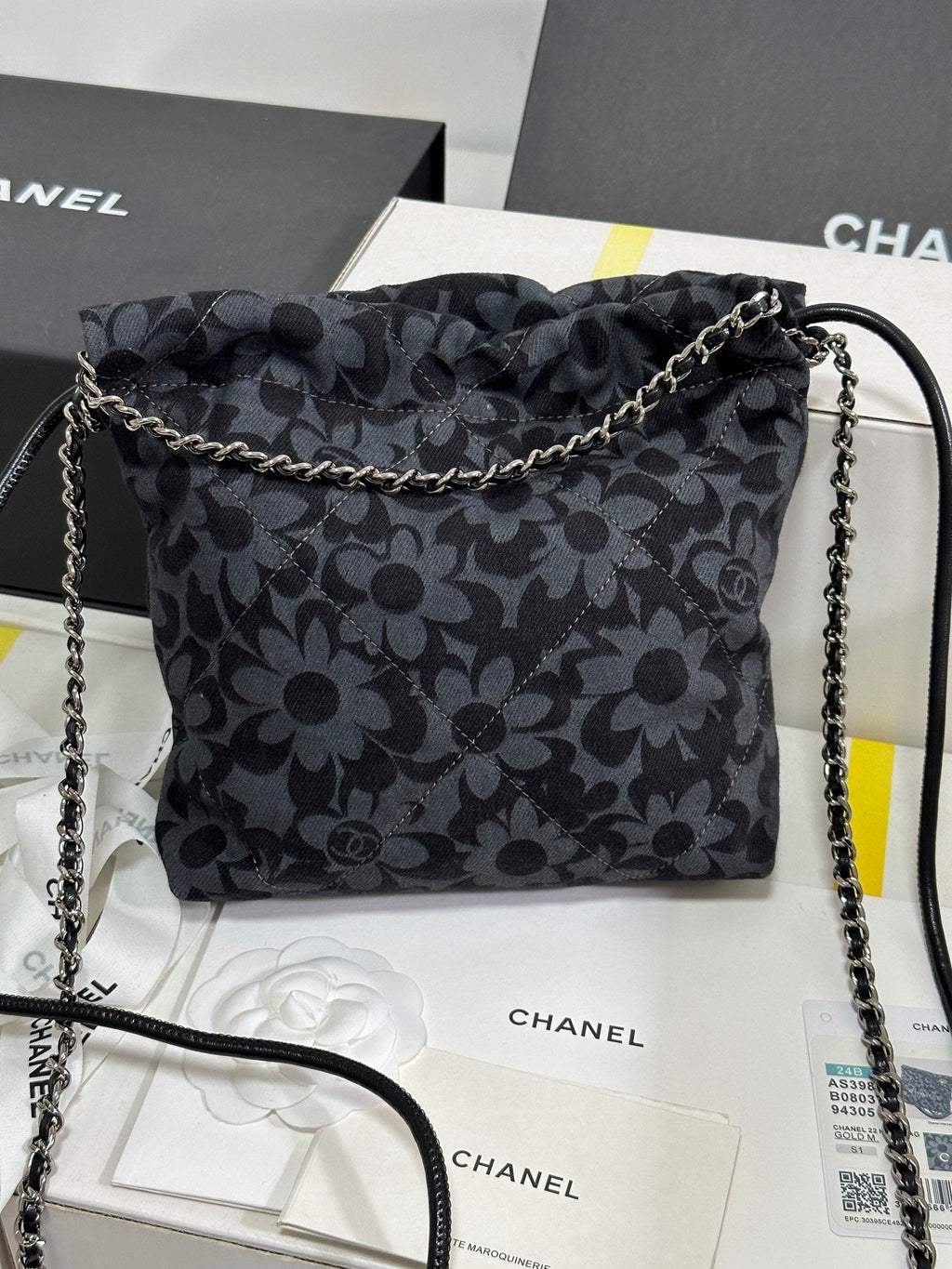 CC 22 BAG MINI GRAY BLACK CAMELLIA PATTERN DEMIN SILVER HARDWARE 243630