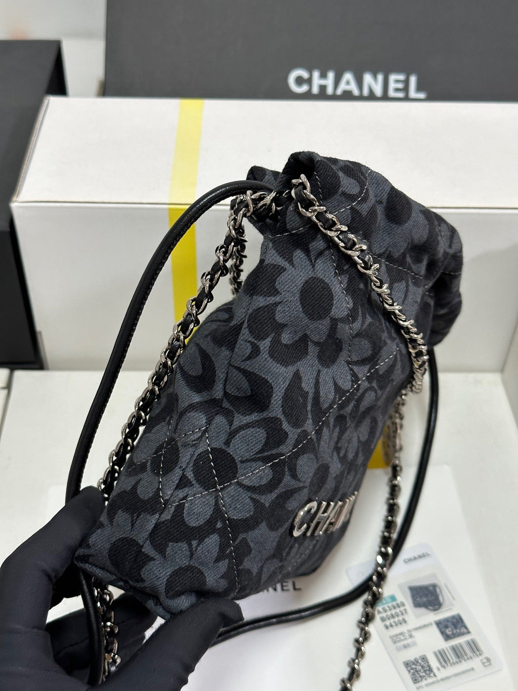 CC 22 BAG MINI GRAY BLACK CAMELLIA PATTERN DEMIN SILVER HARDWARE 243630
