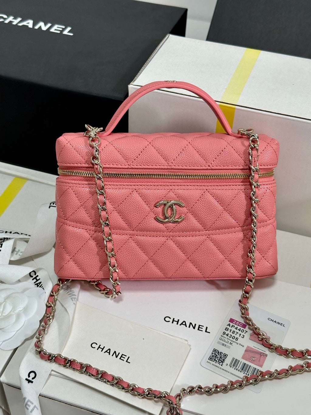 CC 25C VANITY CASE 19.5CM SALMON PINK CALFSKIN SILVER HARDWARE 243635