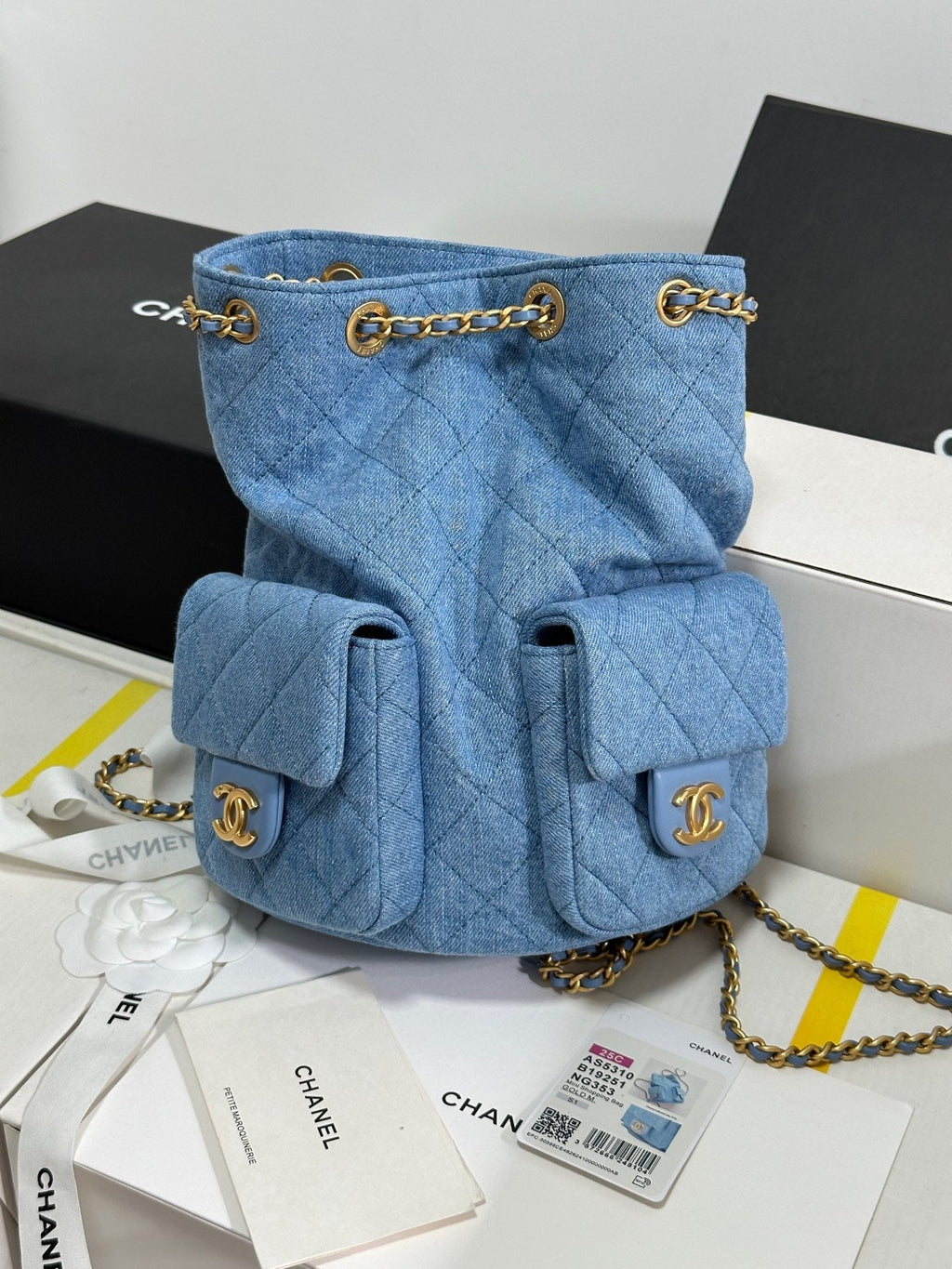 CC 25C BACKPACK 24.3CM DEMIN BLUE WASHED DENIM GOLD HARDWARE 243645