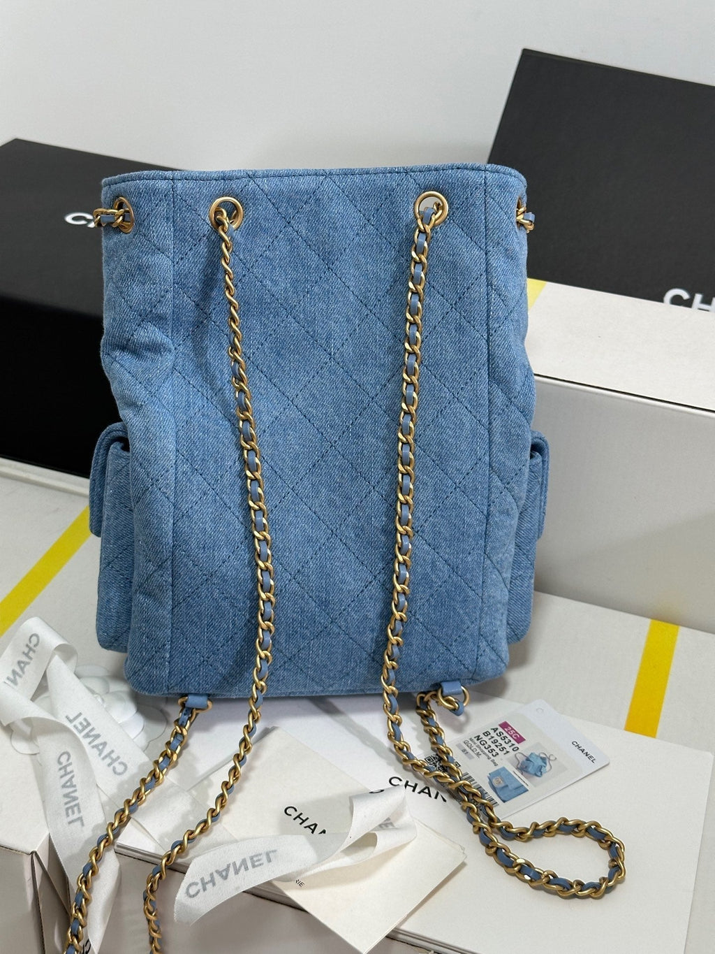 CC 25C BACKPACK 24.3CM DEMIN BLUE WASHED DENIM GOLD HARDWARE 243645