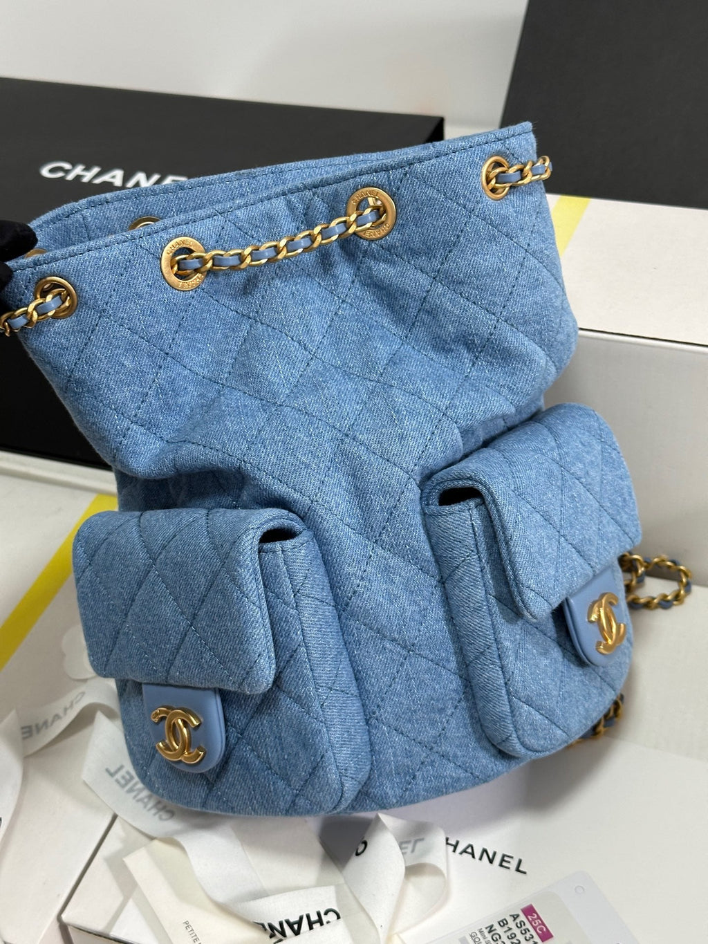 CC 25C BACKPACK 24.3CM DEMIN BLUE WASHED DENIM GOLD HARDWARE 243645