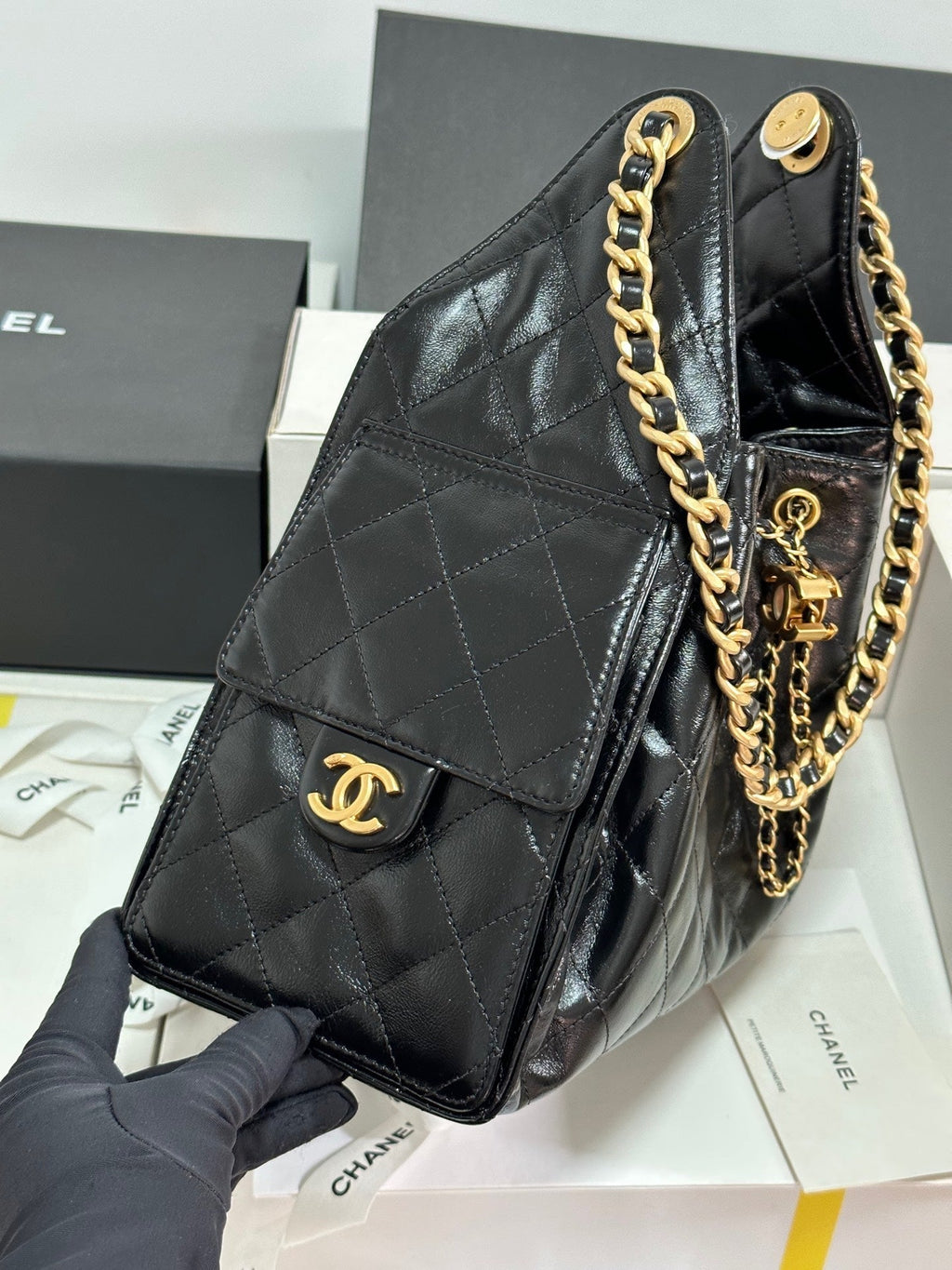 CC 25C HOBO BAG 30CM BLACK LAMBSKIN