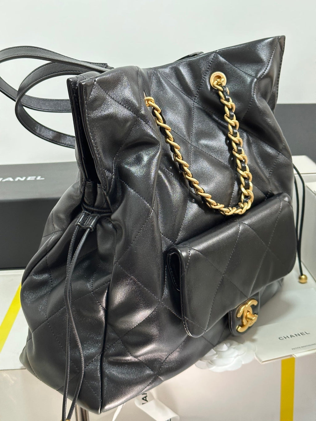 CC 25C DRAWSTRING BACKPACK BLACK LAMBSKIN GOLD HARDWARE 243655