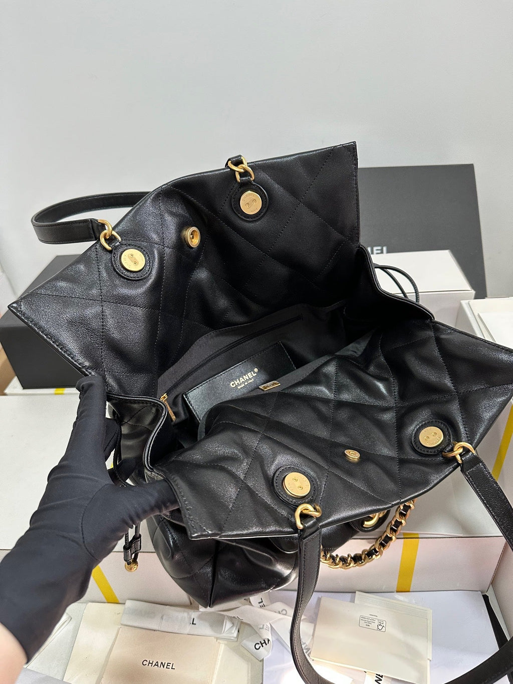 CC 25C DRAWSTRING BACKPACK BLACK LAMBSKIN GOLD HARDWARE 243655